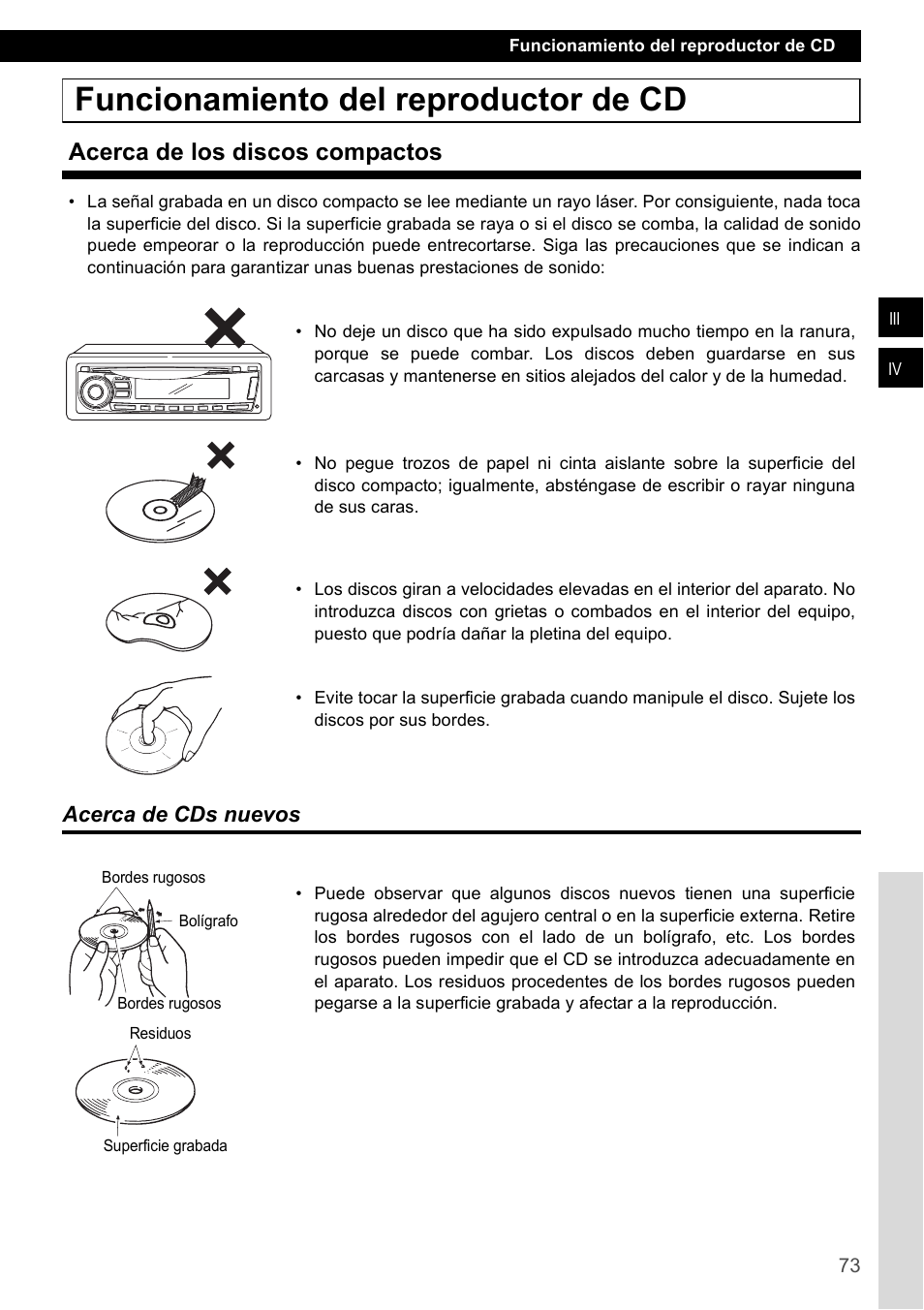 Funcionamiento del reproductor de cd, Acerca de los discos compactos, Acerca de cds nuevos | FUJITSU CD1000 User Manual | Page 73 / 99