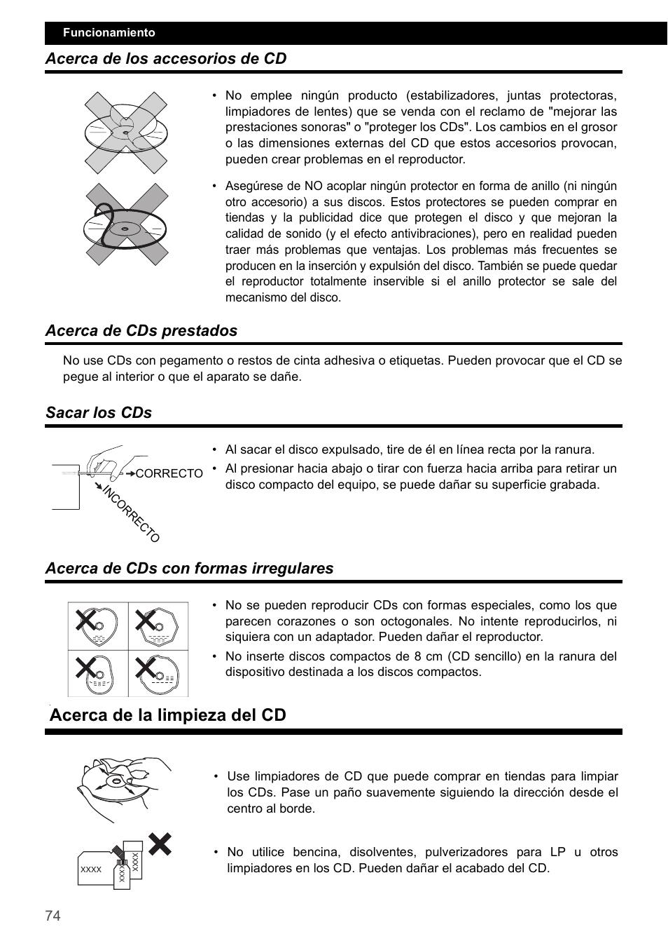 Acerca de los accesorios de cd, Acerca de cds prestados, Sacar los cds | Acerca de cds con formas irregulares, Acerca de la limpieza del cd, Sacar los cds acerca de cds con formas irregulares | FUJITSU CD1000 User Manual | Page 74 / 99
