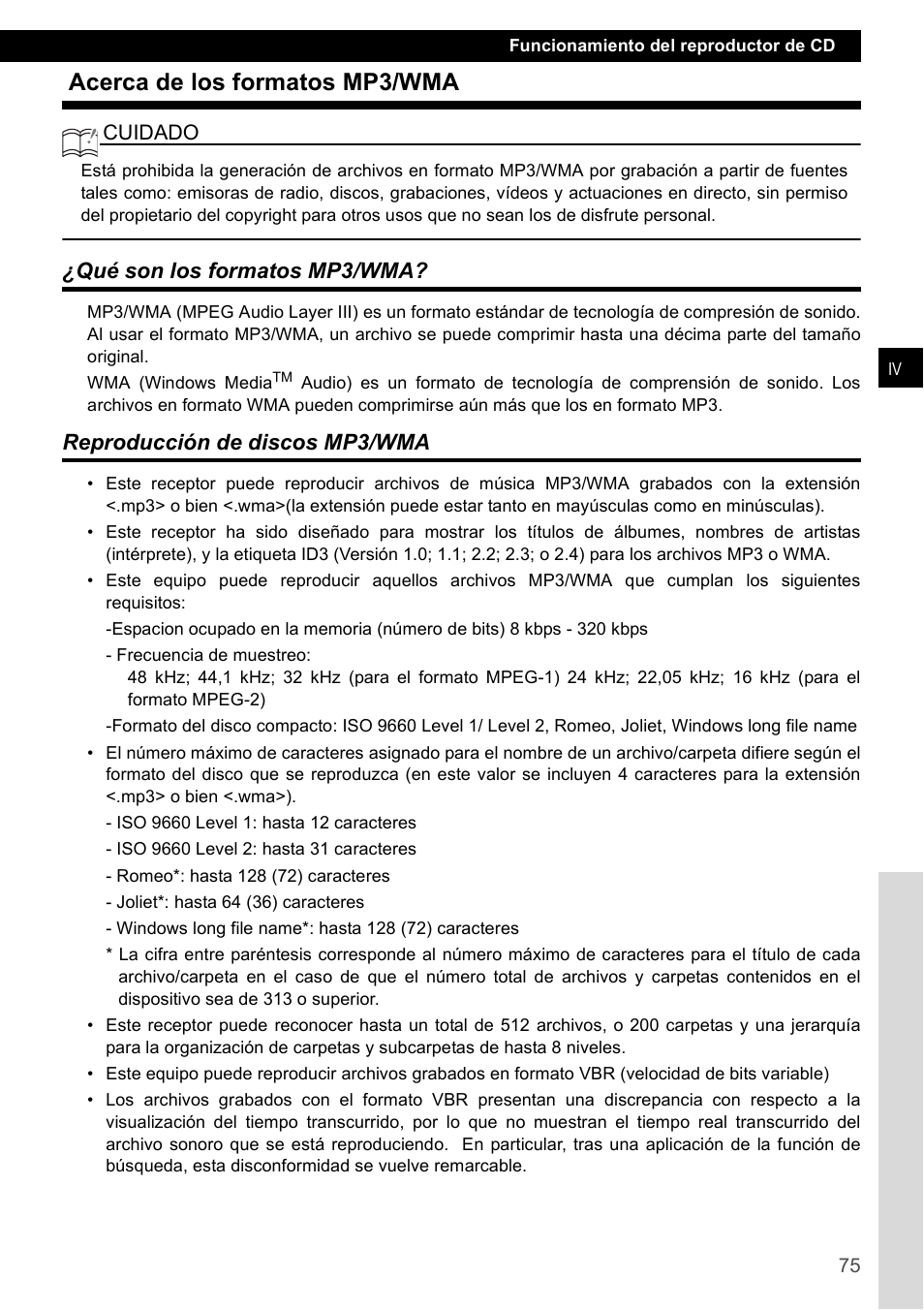 Acerca de los formatos mp3/wma, Qué son los formatos mp3/wma, Reproducción de discos mp3/wma | FUJITSU CD1000 User Manual | Page 75 / 99