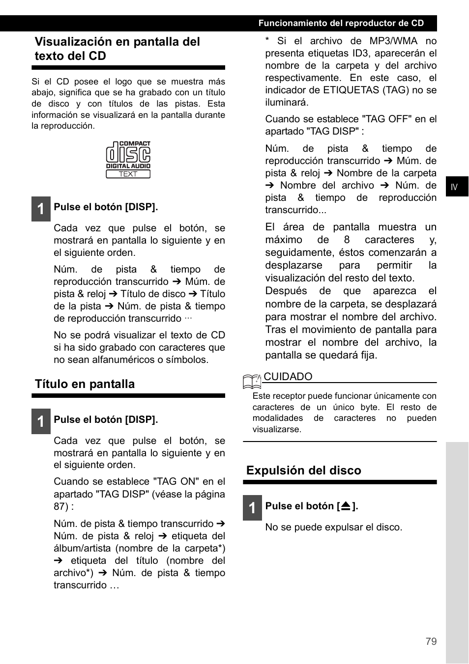 Visualización en pantalla del texto del cd, Título en pantalla, Expulsión del disco | FUJITSU CD1000 User Manual | Page 79 / 99