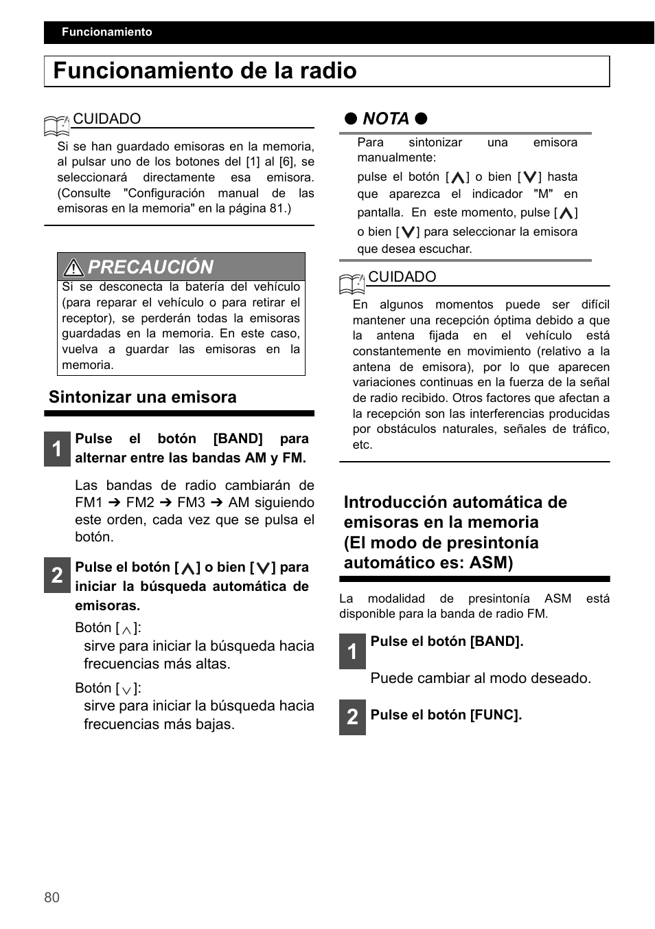 Funcionamiento de la radio, Sintonizar una emisora, Precaución | FUJITSU CD1000 User Manual | Page 80 / 99
