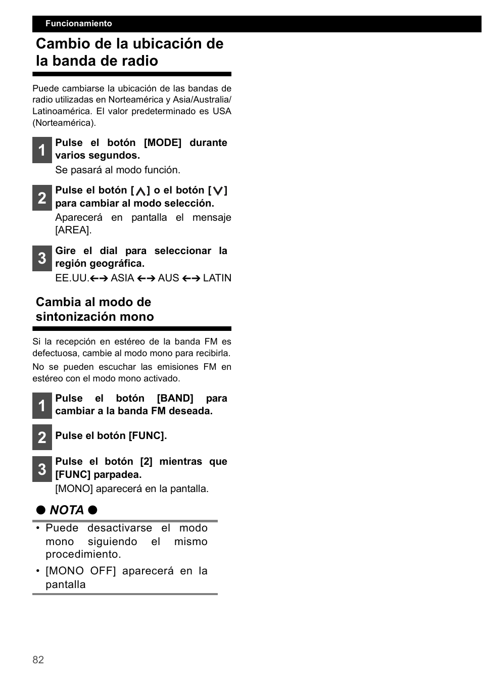 Cambio de la ubicación de la banda de radio, Cambia al modo de sintonización mono | FUJITSU CD1000 User Manual | Page 82 / 99