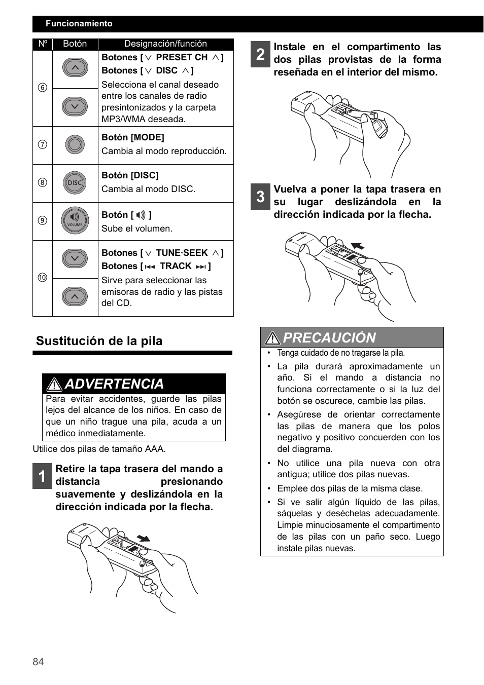 Sustitución de la pila, Advertencia, Precaución | FUJITSU CD1000 User Manual | Page 84 / 99