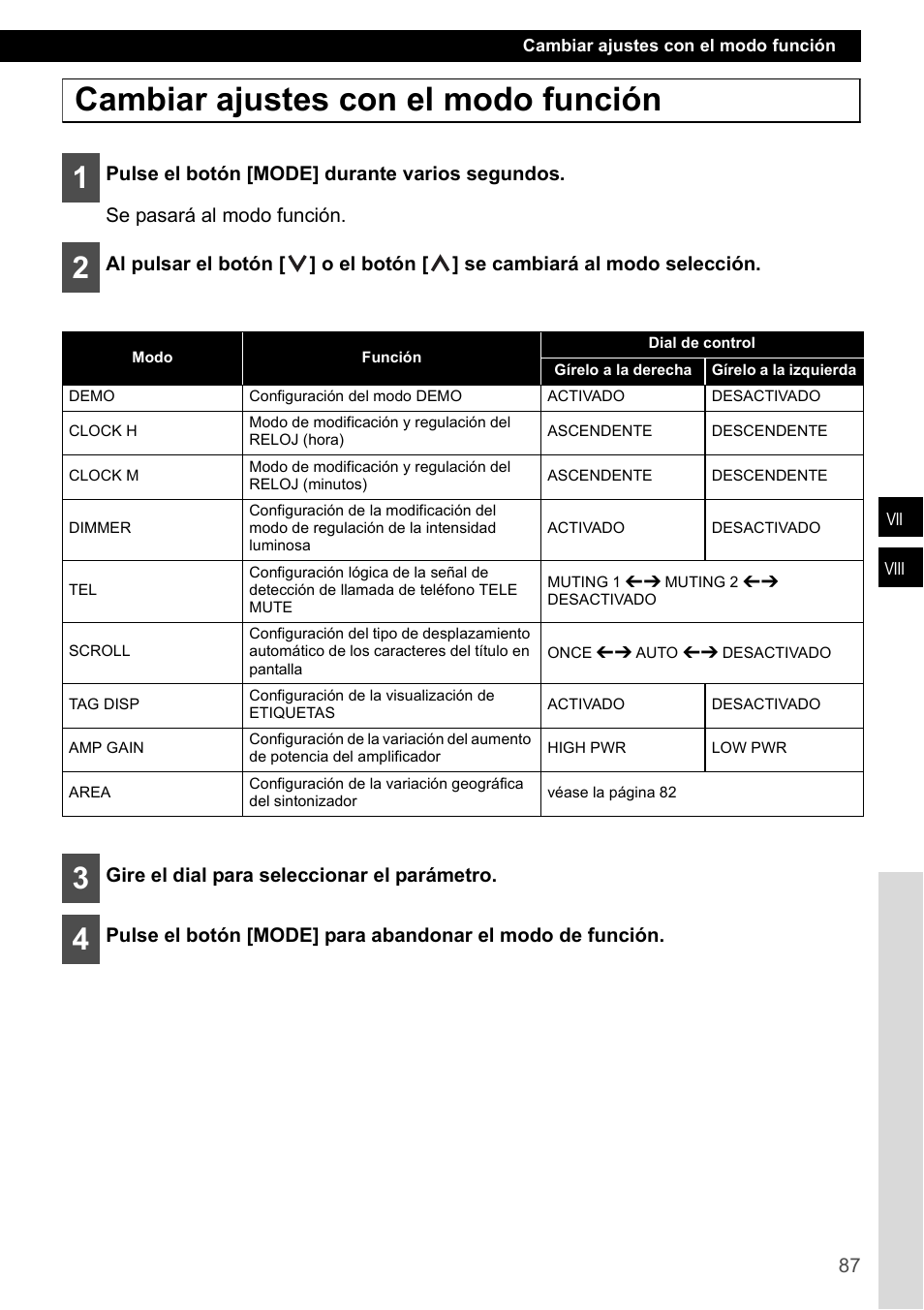 Cambiar ajustes con el modo función | FUJITSU CD1000 User Manual | Page 87 / 99