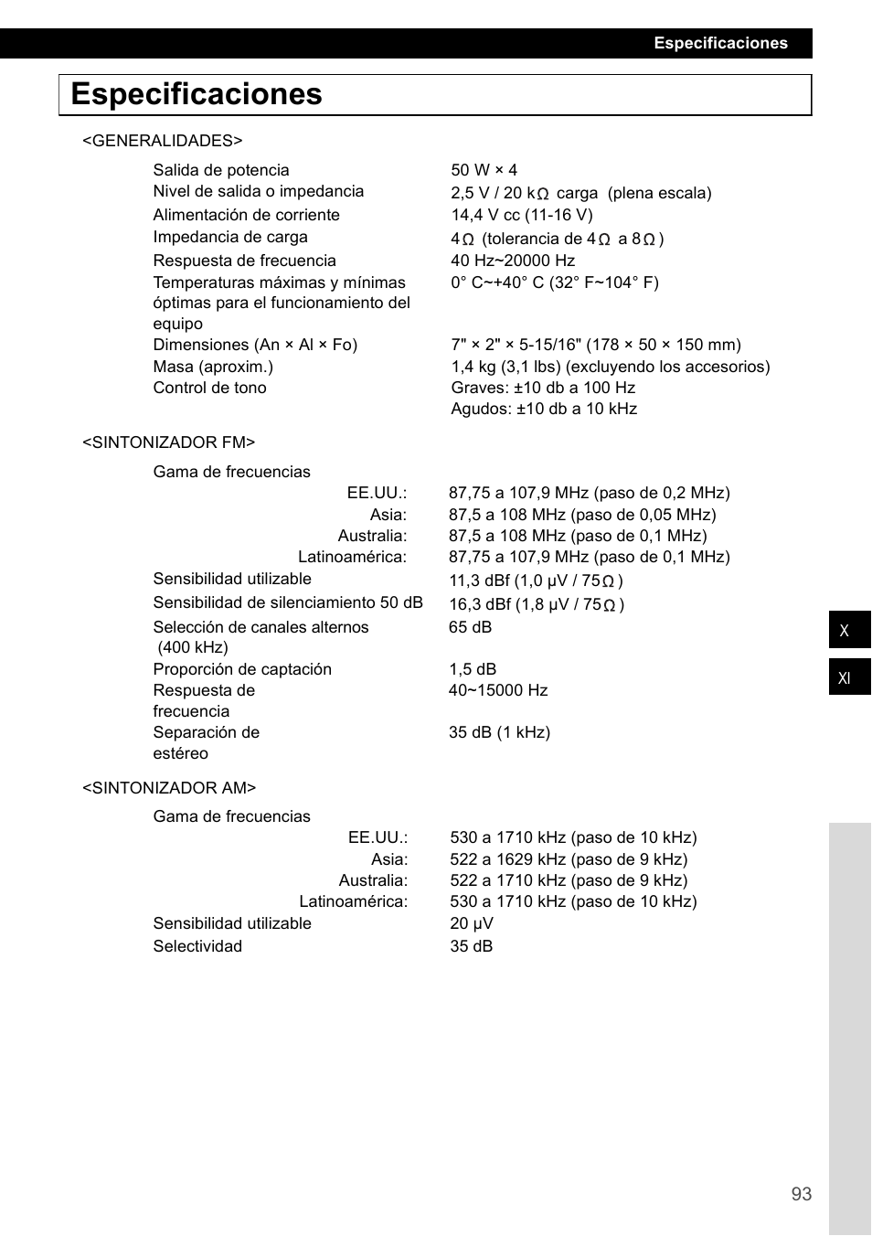 Especificaciones | FUJITSU CD1000 User Manual | Page 93 / 99