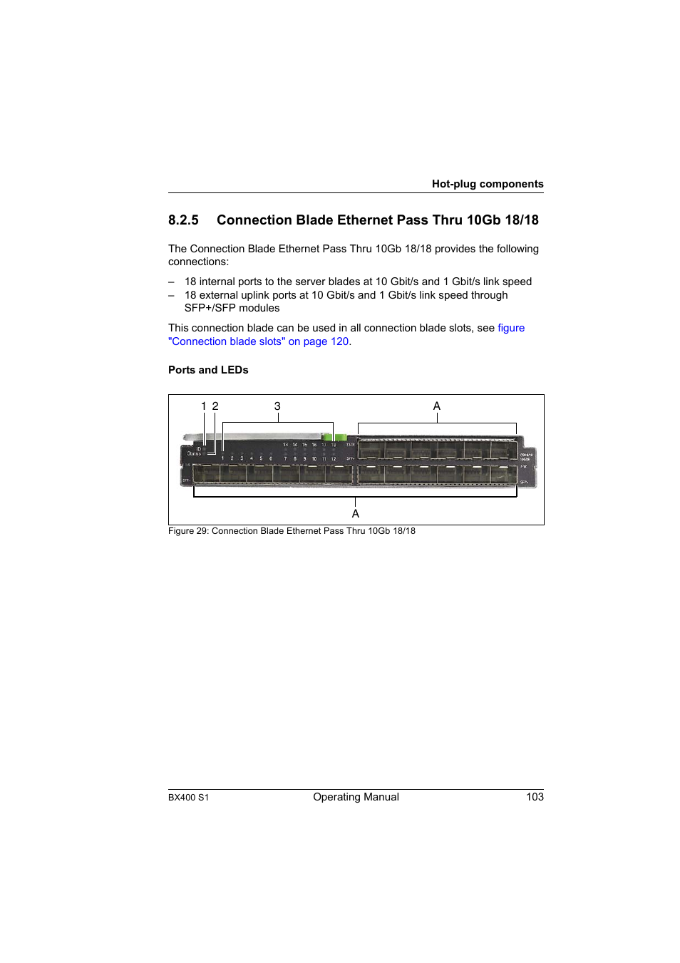 5 connection blade ethernet pass thru 10gb 18/18, Connection blade ethernet pass thru 10gb 18/18 | FUJITSU PRIMERGY BX400 S1 User Manual | Page 103 / 136
