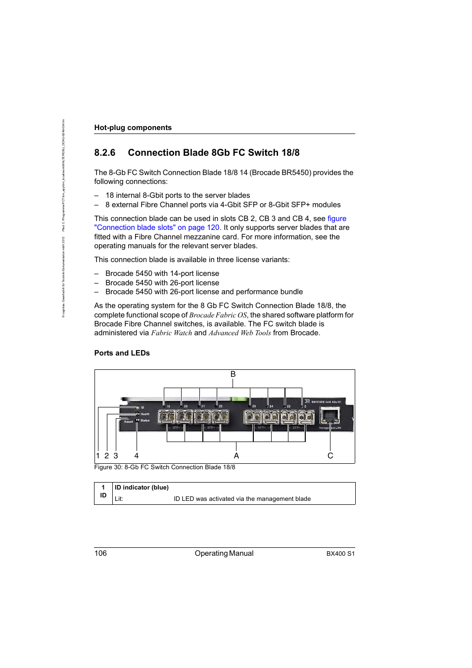 6 connection blade 8gb fc switch 18/8, Connection blade 8gb fc switch 18/8, 1 2 3 c a b 4 | 106 operating manual, Hot-plug components, Bx400 s1 | FUJITSU PRIMERGY BX400 S1 User Manual | Page 106 / 136