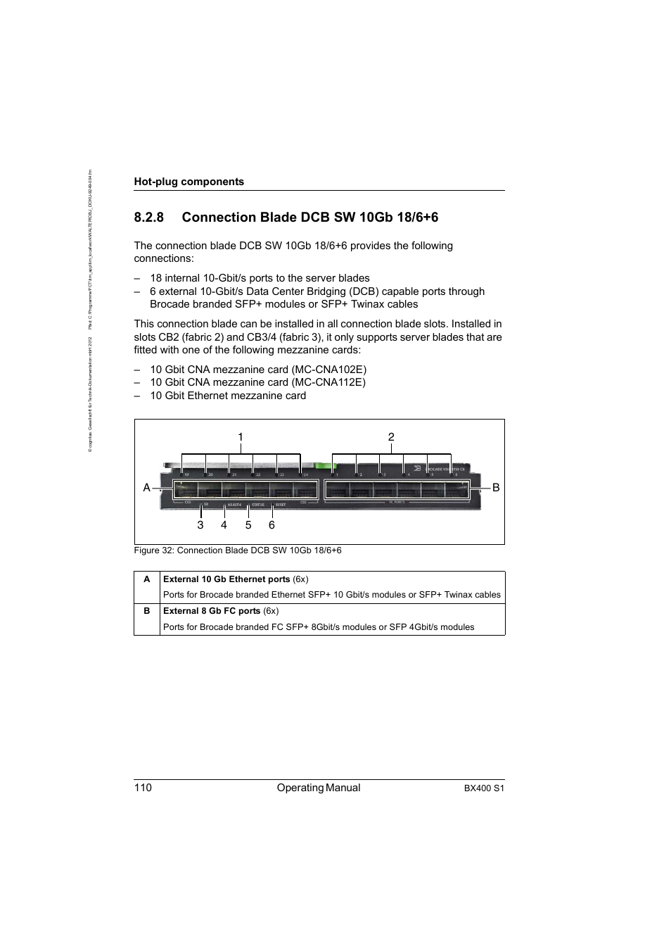 8 connection blade dcb sw 10gb 18/6+6, Connection blade dcb sw 10gb 18/6+6, 110 operating manual | Hot-plug components, Bx400 s1 | FUJITSU PRIMERGY BX400 S1 User Manual | Page 110 / 136