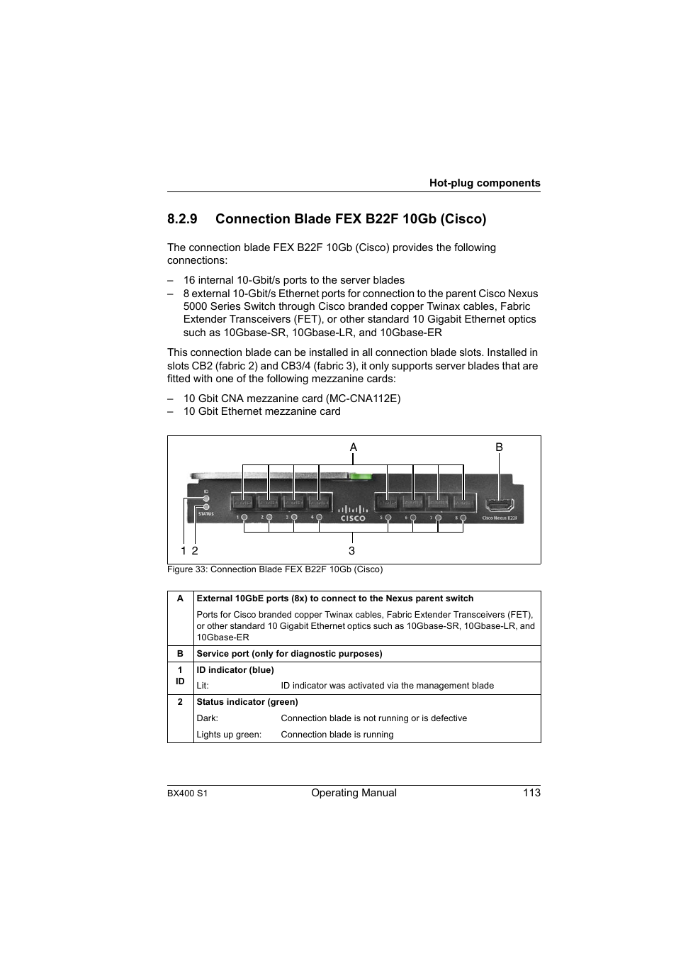9 connection blade fex b22f 10gb (cisco), Connection blade fex b22f 10gb (cisco) | FUJITSU PRIMERGY BX400 S1 User Manual | Page 113 / 136