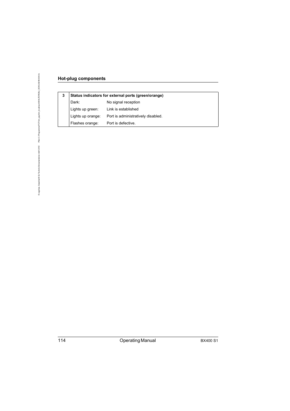 114 operating manual, Hot-plug components, Bx400 s1 | FUJITSU PRIMERGY BX400 S1 User Manual | Page 114 / 136