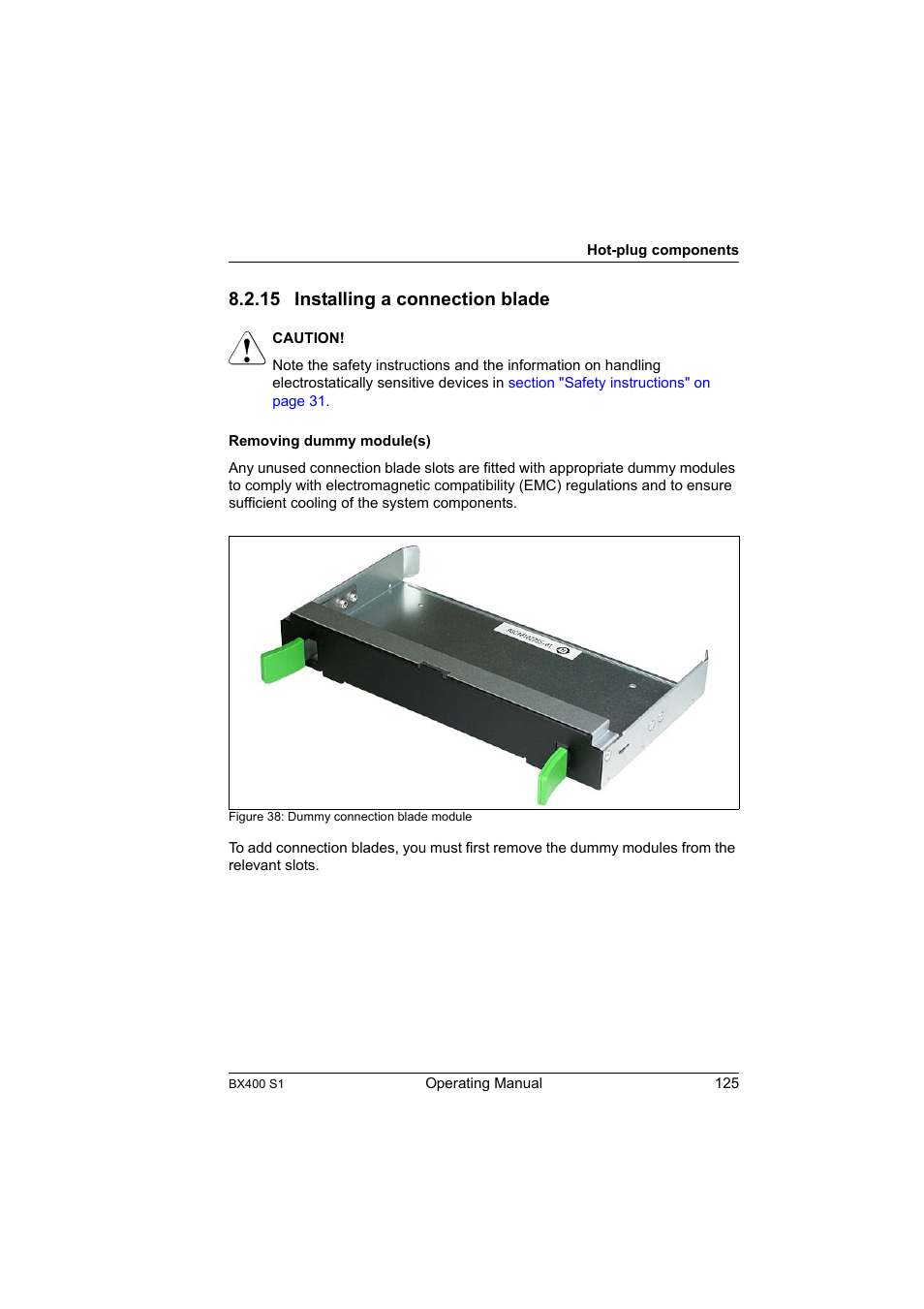 15 installing a connection blade, Installing a connection blade, Section | FUJITSU PRIMERGY BX400 S1 User Manual | Page 125 / 136