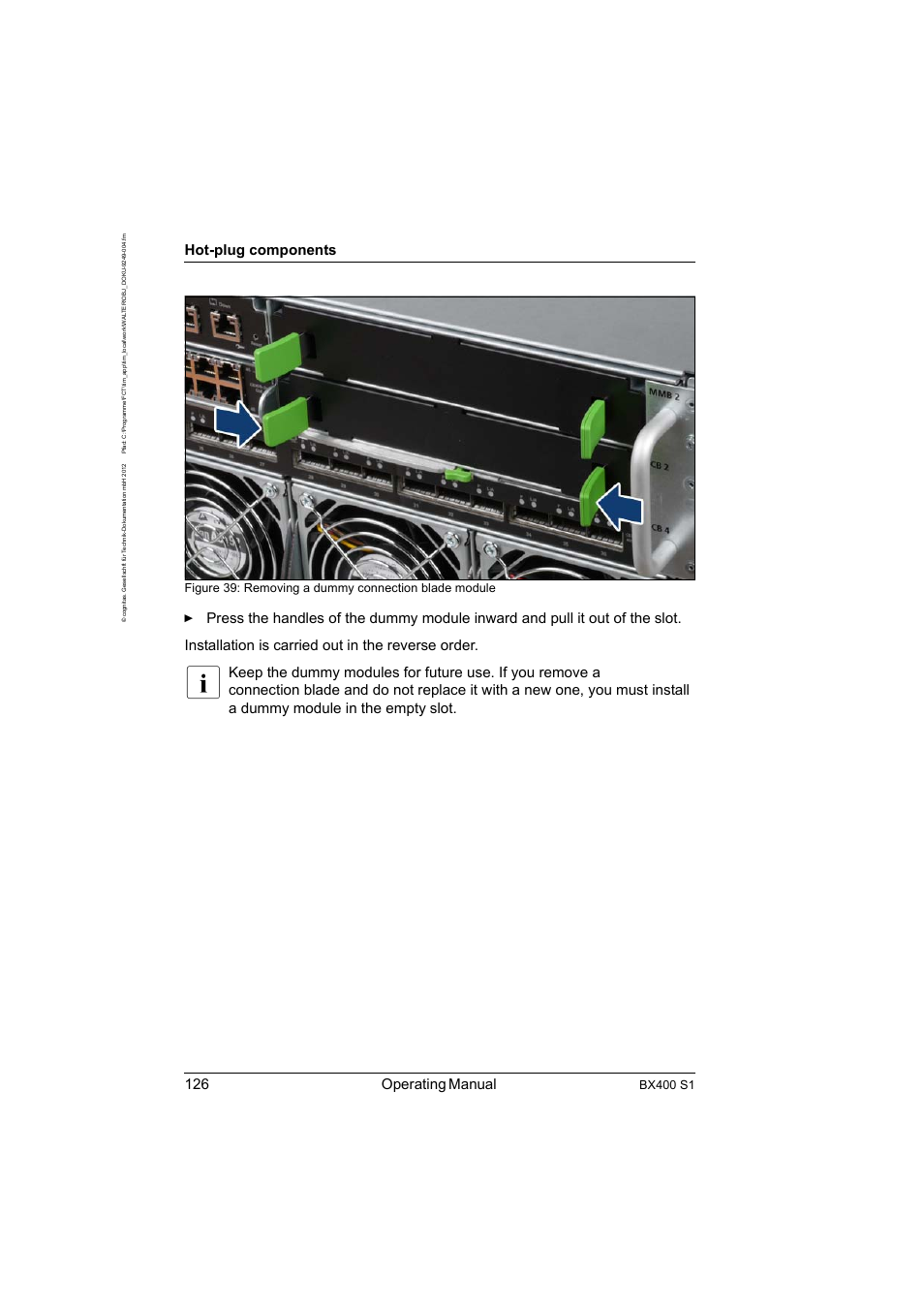 126 operating manual, Hot-plug components, Bx400 s1 | FUJITSU PRIMERGY BX400 S1 User Manual | Page 126 / 136