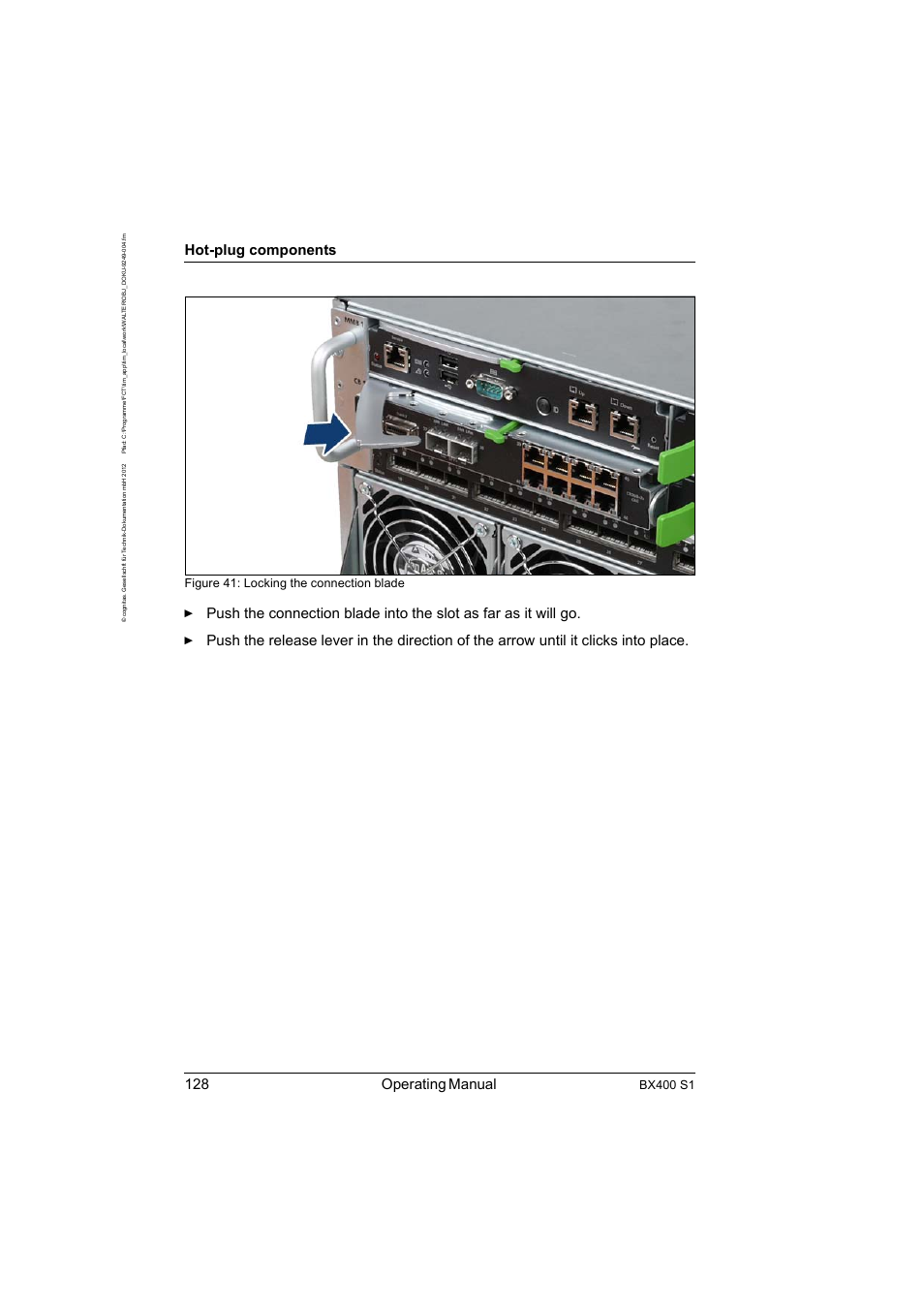 128 operating manual, Hot-plug components, Bx400 s1 | Figure 41: locking the connection blade | FUJITSU PRIMERGY BX400 S1 User Manual | Page 128 / 136