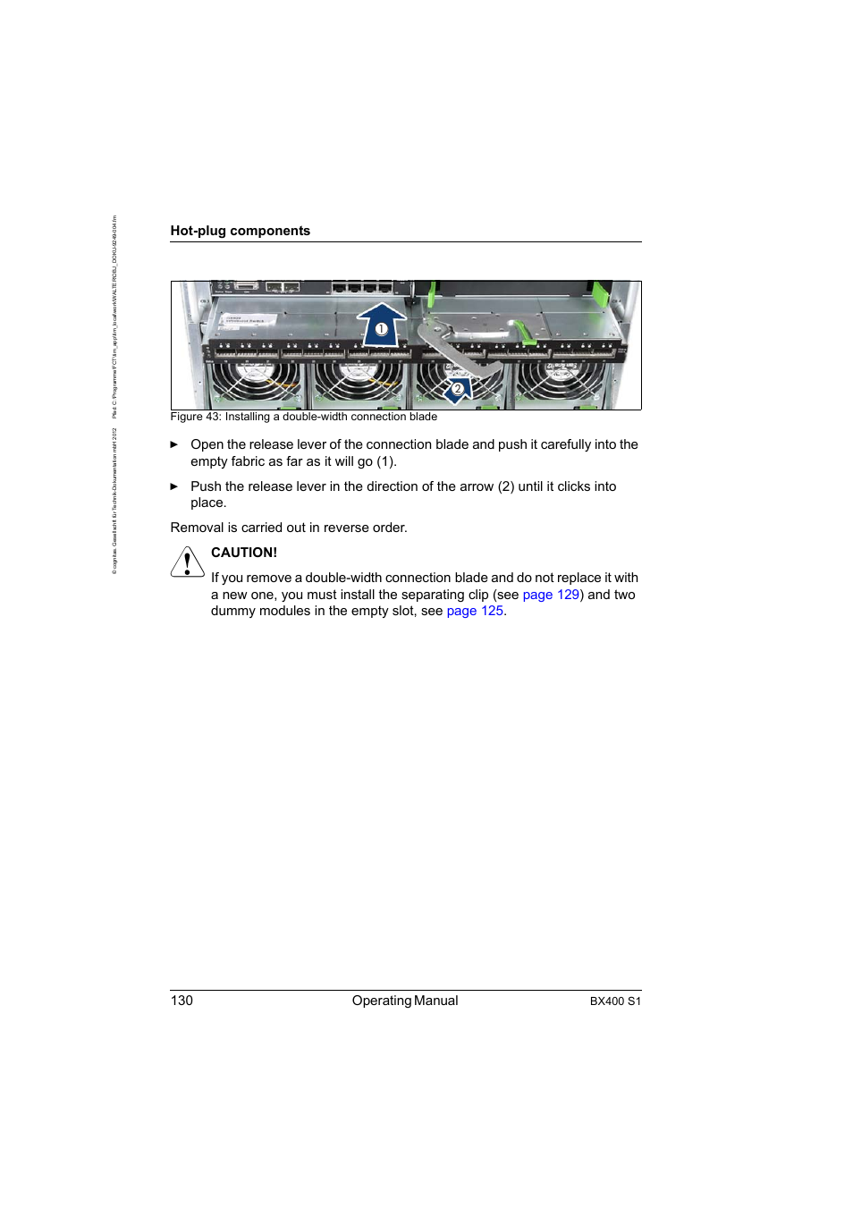 130 operating manual, Hot-plug components, Bx400 s1 | FUJITSU PRIMERGY BX400 S1 User Manual | Page 130 / 136