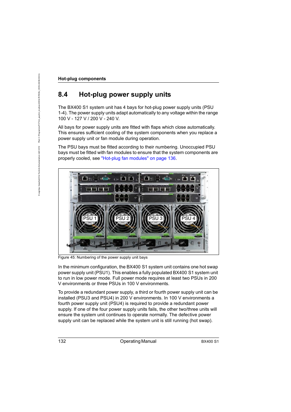 4 hot-plug power supply units, Hot-plug power supply units, Hot-plug power | 132 operating manual, Hot-plug components, Bx400 s1, Figure 45: numbering of the power supply unit bays | FUJITSU PRIMERGY BX400 S1 User Manual | Page 132 / 136