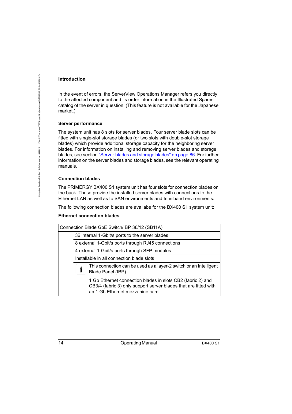 14 operating manual, Introduction, Bx400 s1 | FUJITSU PRIMERGY BX400 S1 User Manual | Page 14 / 136