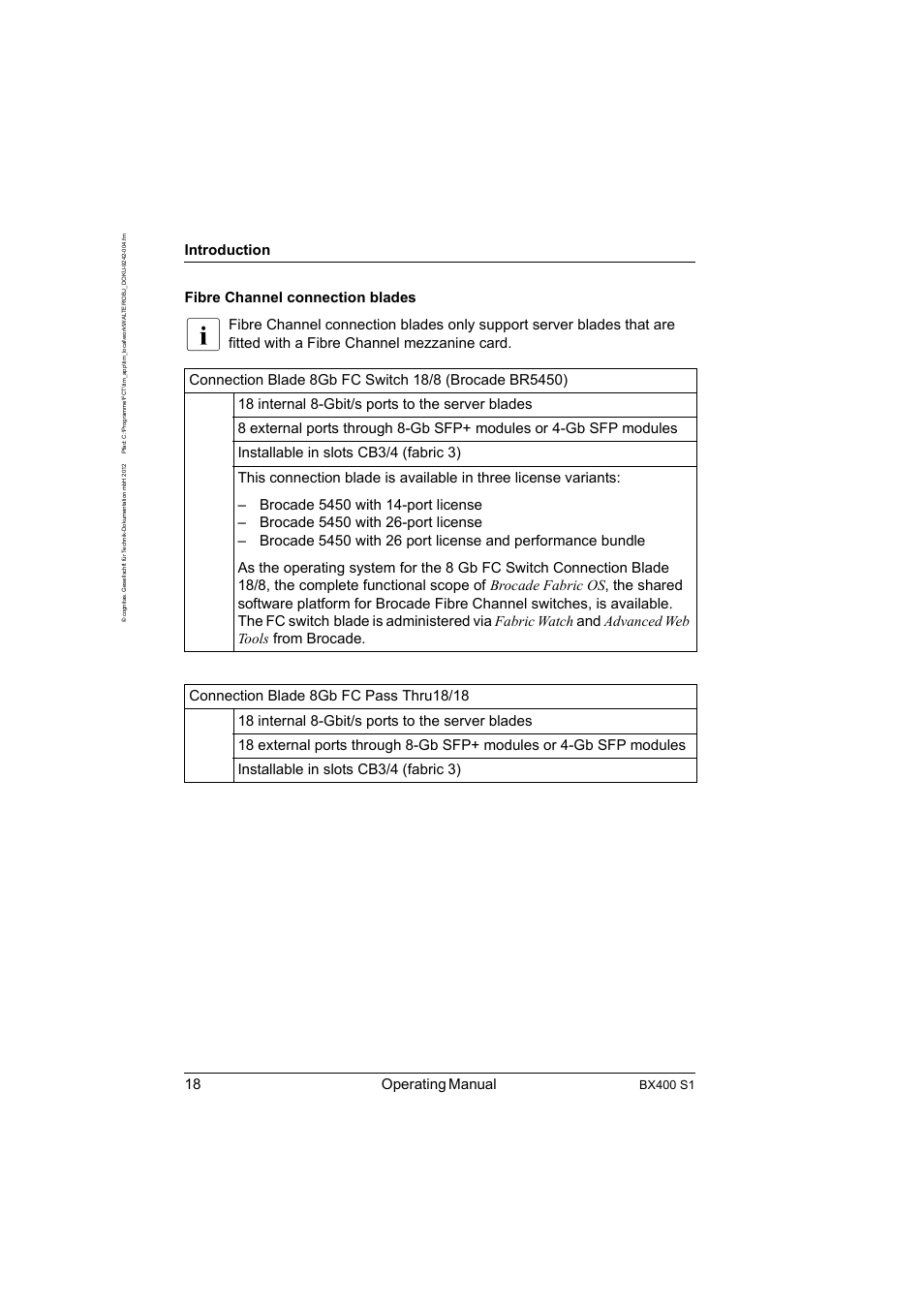 18 operating manual, Introduction, Fibre channel connection blades | Bx400 s1 | FUJITSU PRIMERGY BX400 S1 User Manual | Page 18 / 136