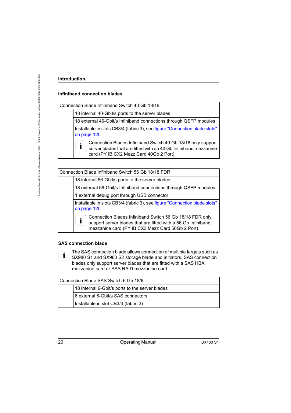 20 operating manual, Introduction, Infiniband connection blades sas connection blade | Bx400 s1 | FUJITSU PRIMERGY BX400 S1 User Manual | Page 20 / 136