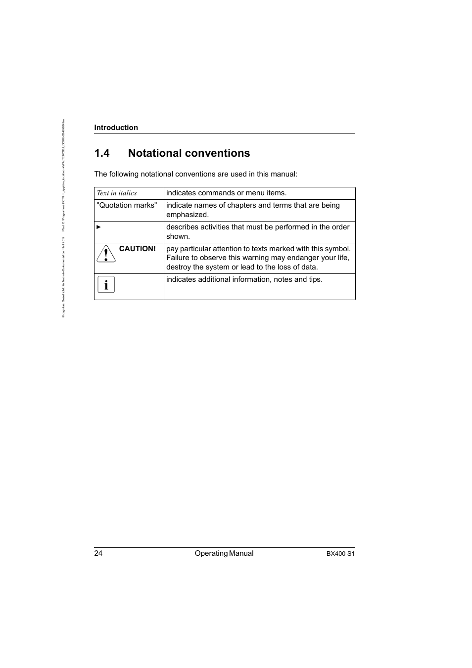 4 notational conventions, Notational conventions, 24 operating manual | Introduction, Bx400 s1 | FUJITSU PRIMERGY BX400 S1 User Manual | Page 24 / 136