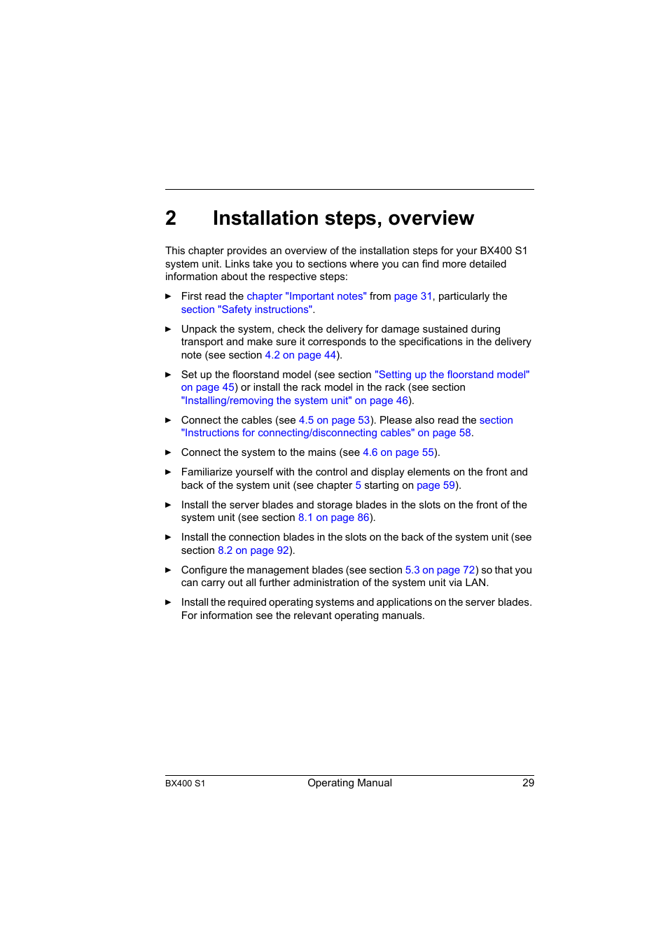 2 installation steps, overview, Installation steps, overview, 2installation steps, overview | FUJITSU PRIMERGY BX400 S1 User Manual | Page 29 / 136