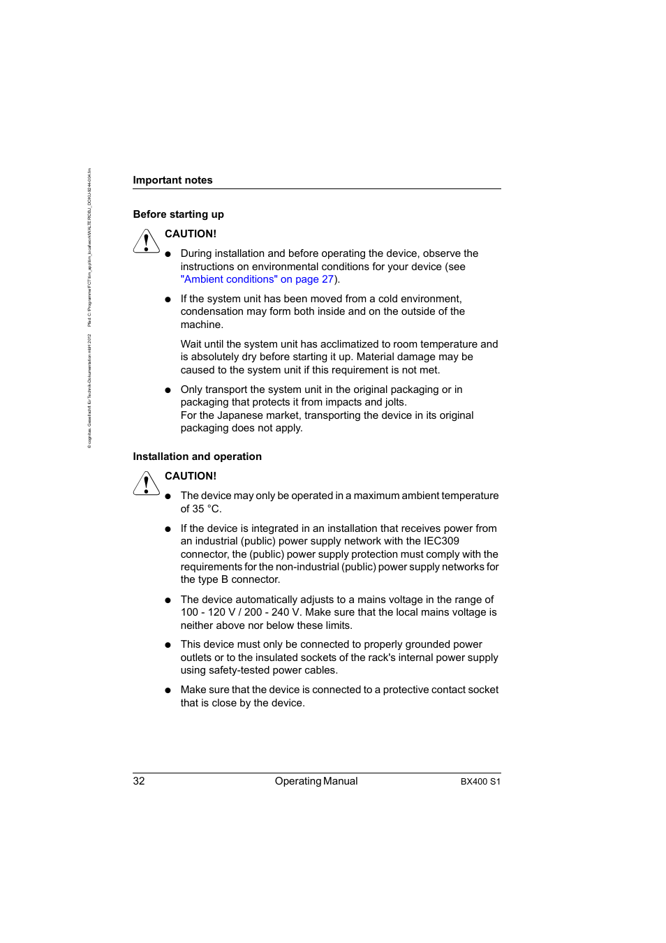 32 operating manual, Before starting up, Caution | Bx400 s1 | FUJITSU PRIMERGY BX400 S1 User Manual | Page 32 / 136