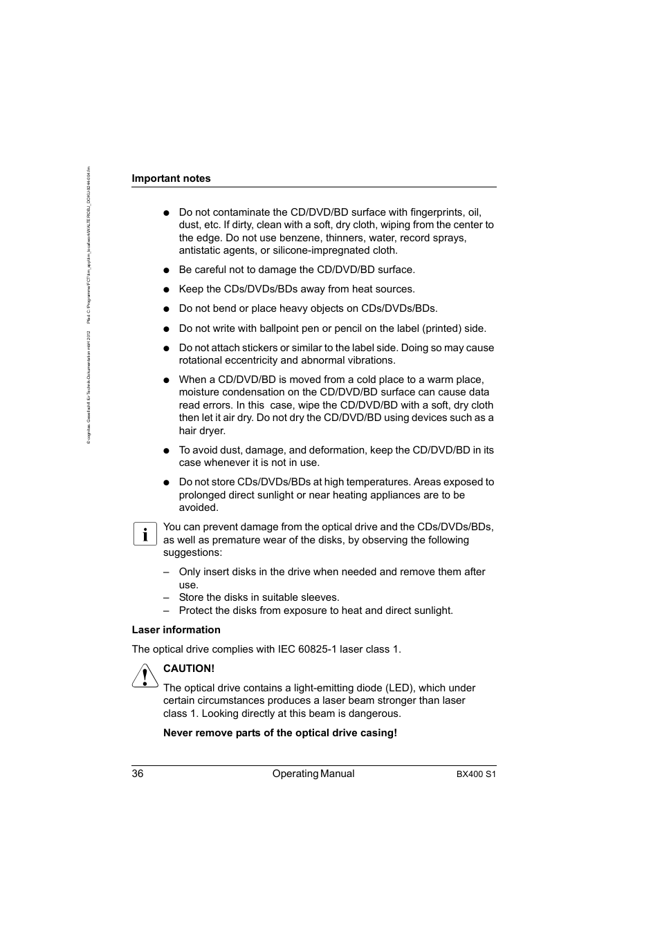 36 operating manual, Be careful not to damage the cd/dvd/bd surface, Keep the cds/dvds/bds away from heat sources | Do not bend or place heavy objects on cds/dvds/bds, Bx400 s1 | FUJITSU PRIMERGY BX400 S1 User Manual | Page 36 / 136