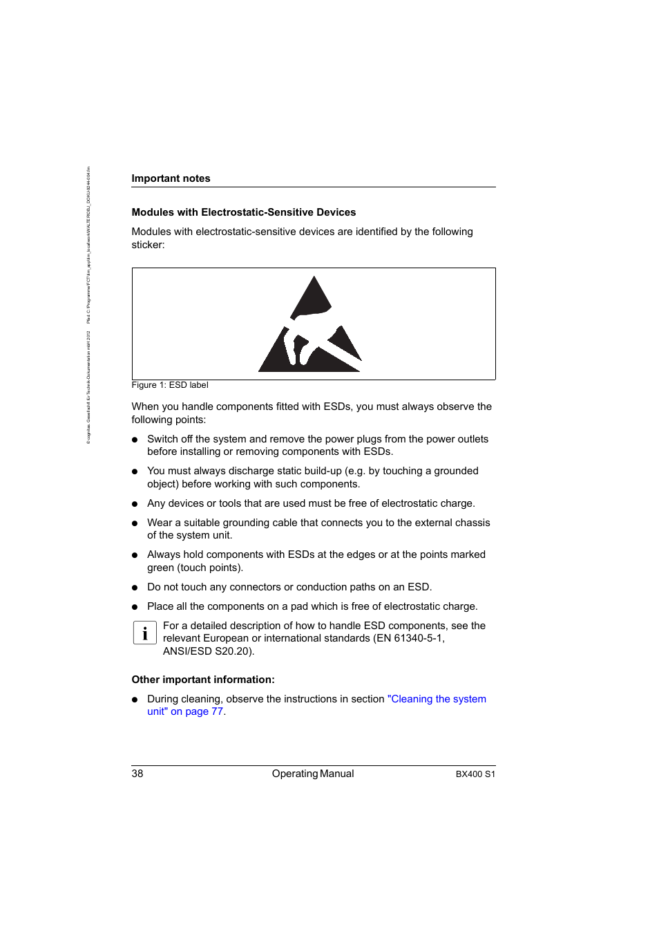 38 operating manual, Bx400 s1, Figure 1: esd label | FUJITSU PRIMERGY BX400 S1 User Manual | Page 38 / 136
