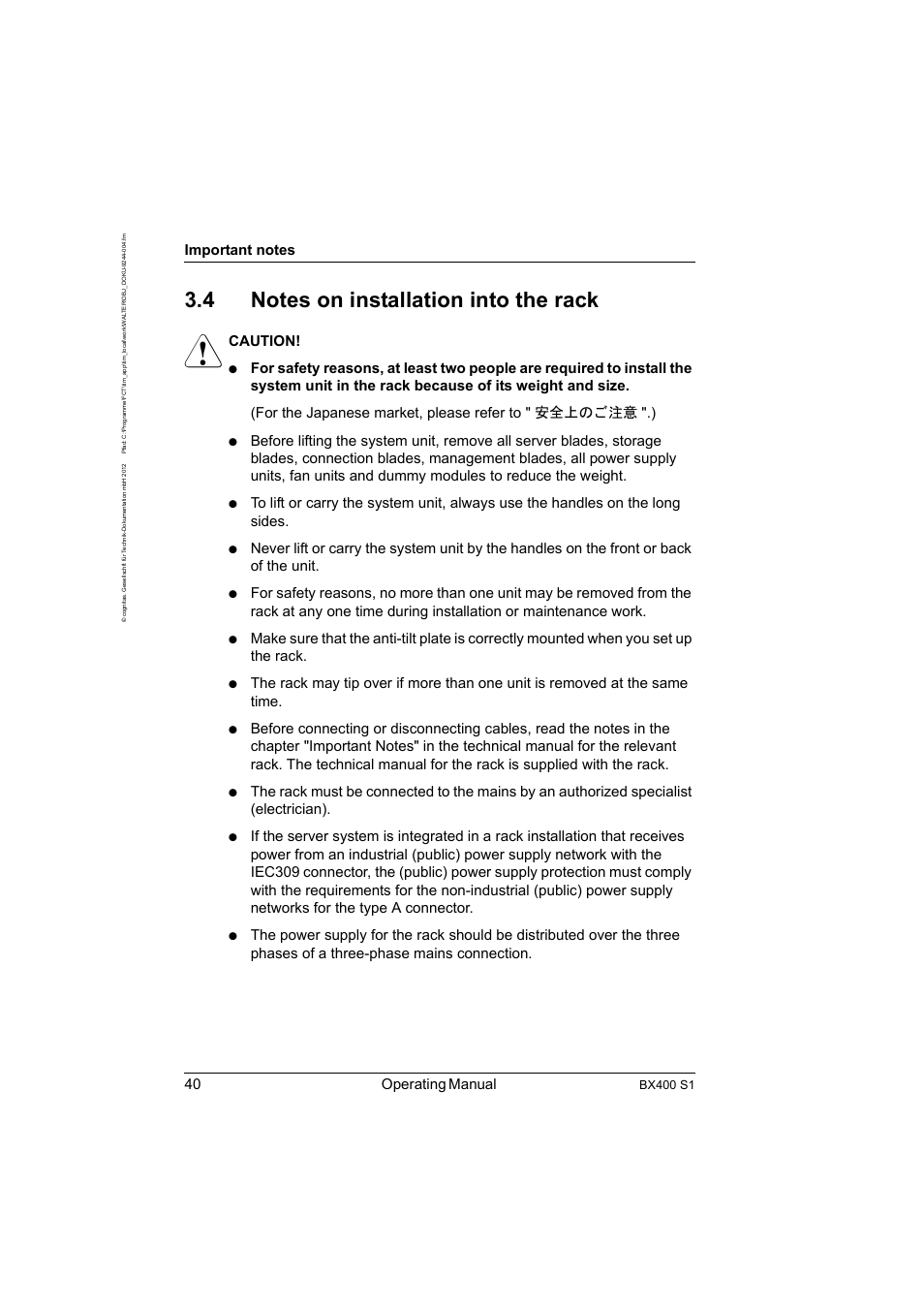 4 notes on installation into the rack, Notes on installation into the rack, 40 operating manual | Caution, Bx400 s1 | FUJITSU PRIMERGY BX400 S1 User Manual | Page 40 / 136