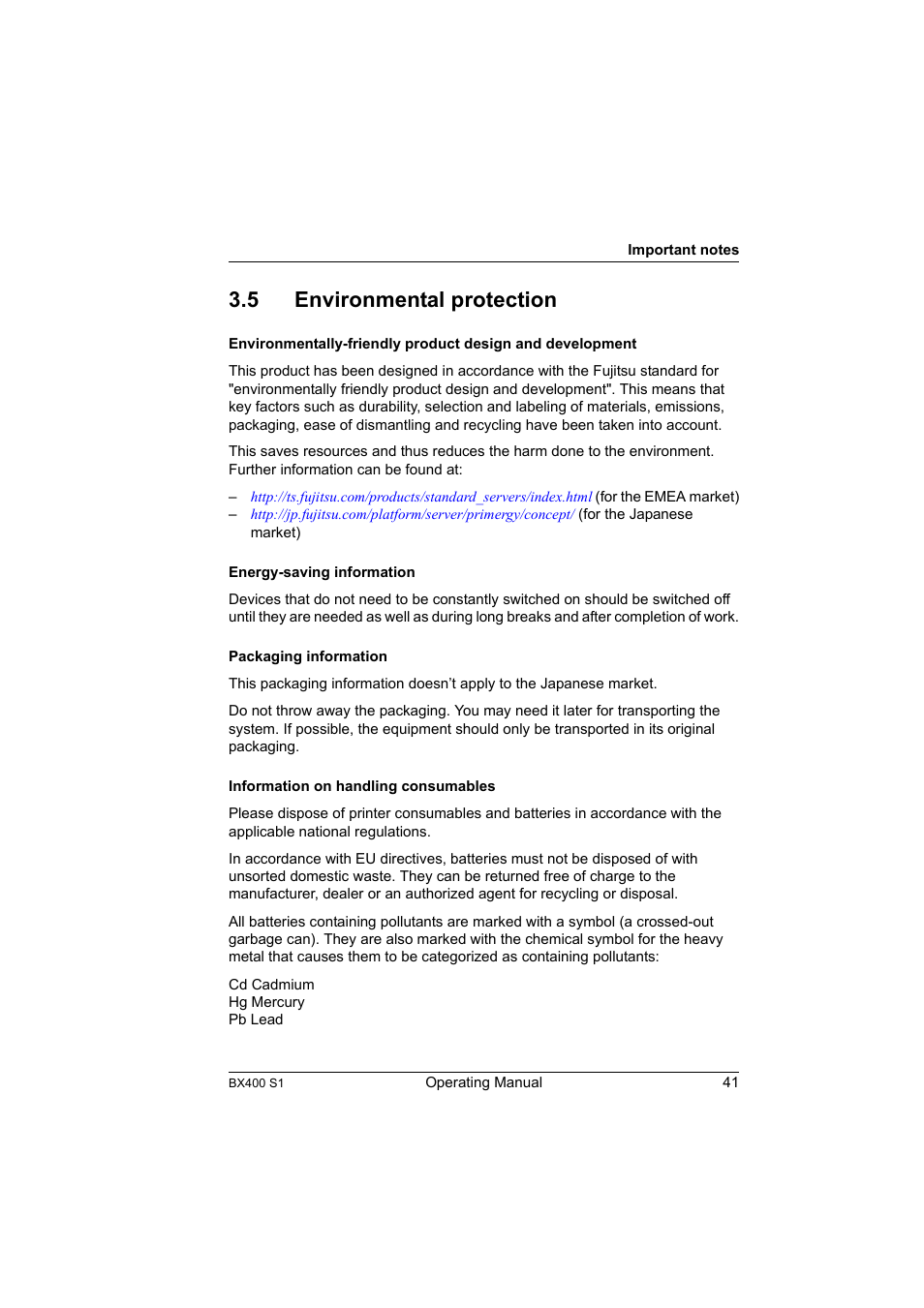 5 environmental protection, Environmental protection | FUJITSU PRIMERGY BX400 S1 User Manual | Page 41 / 136