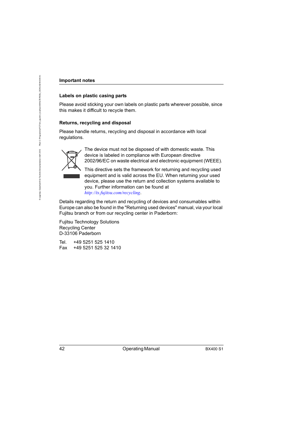 42 operating manual, Bx400 s1 | FUJITSU PRIMERGY BX400 S1 User Manual | Page 42 / 136