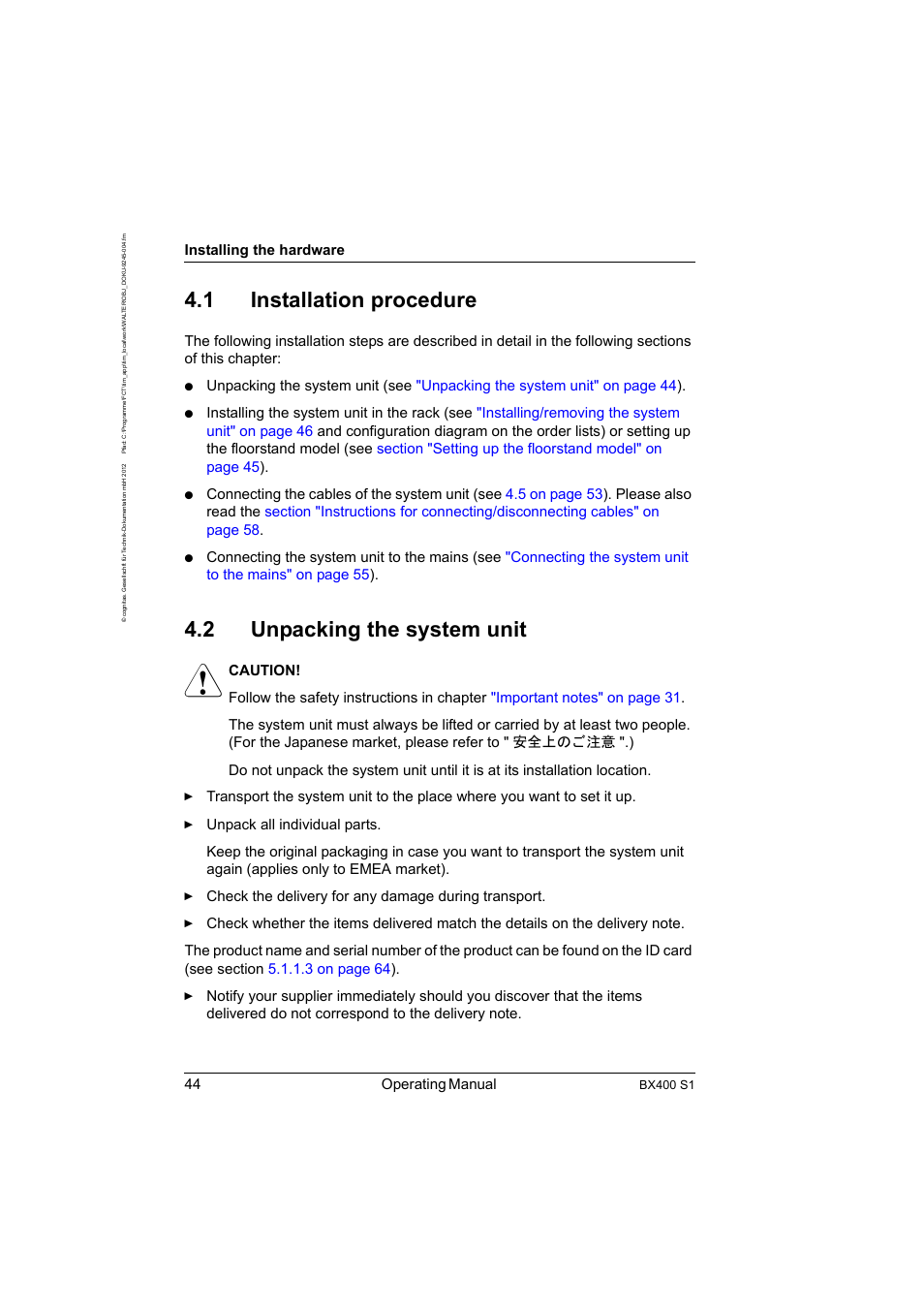 1 installation procedure, 2 unpacking the system unit, Installation procedure | Unpacking the system unit, 44 operating manual, Installing the hardware | FUJITSU PRIMERGY BX400 S1 User Manual | Page 44 / 136