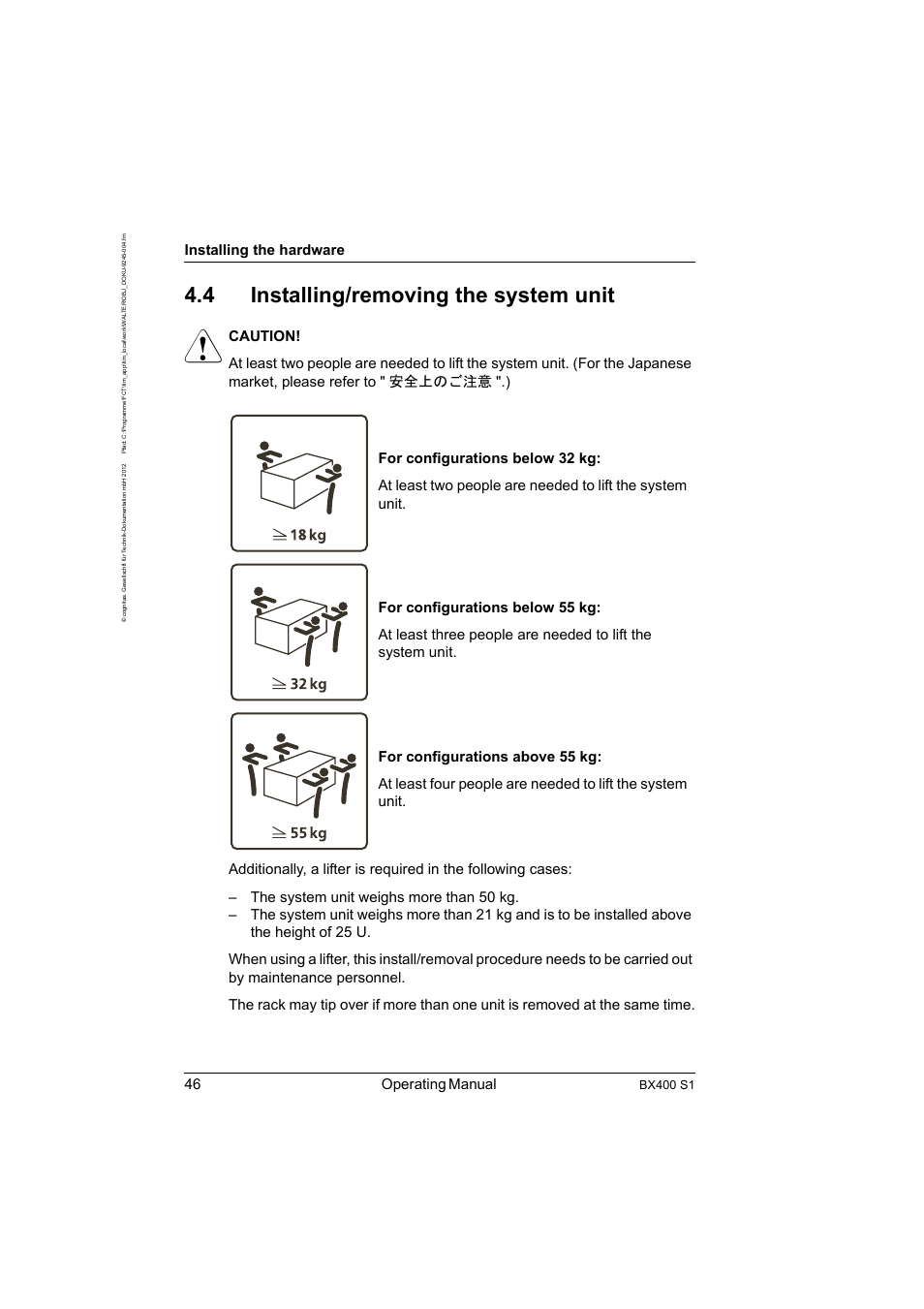 4 installing/removing the system unit, Installing/removing the system unit, Installing/removing the system | Ng at, Section, 46 operating manual, Installing the hardware, Bx400 s1 | FUJITSU PRIMERGY BX400 S1 User Manual | Page 46 / 136