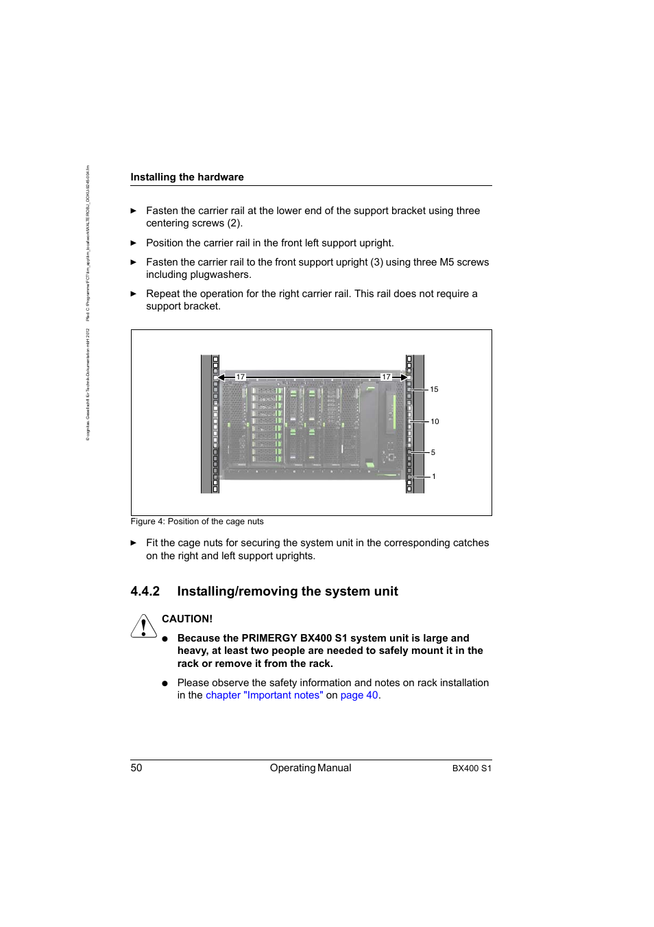 2 installing/removing the system unit, Installing/removing the system unit, 50 operating manual | Installing the hardware, Caution, Bx400 s1, Figure 4: position of the cage nuts | FUJITSU PRIMERGY BX400 S1 User Manual | Page 50 / 136
