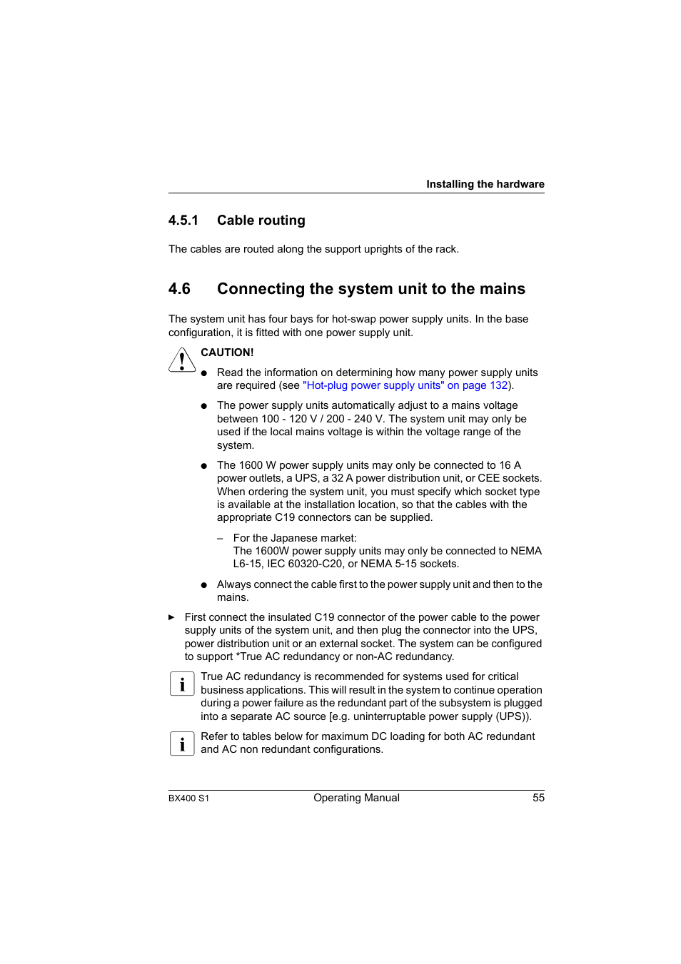 1 cable routing, 6 connecting the system unit to the mains, Cable routing | Connecting the system unit to the mains, Connecting the system unit, Section "connecting the system unit | FUJITSU PRIMERGY BX400 S1 User Manual | Page 55 / 136