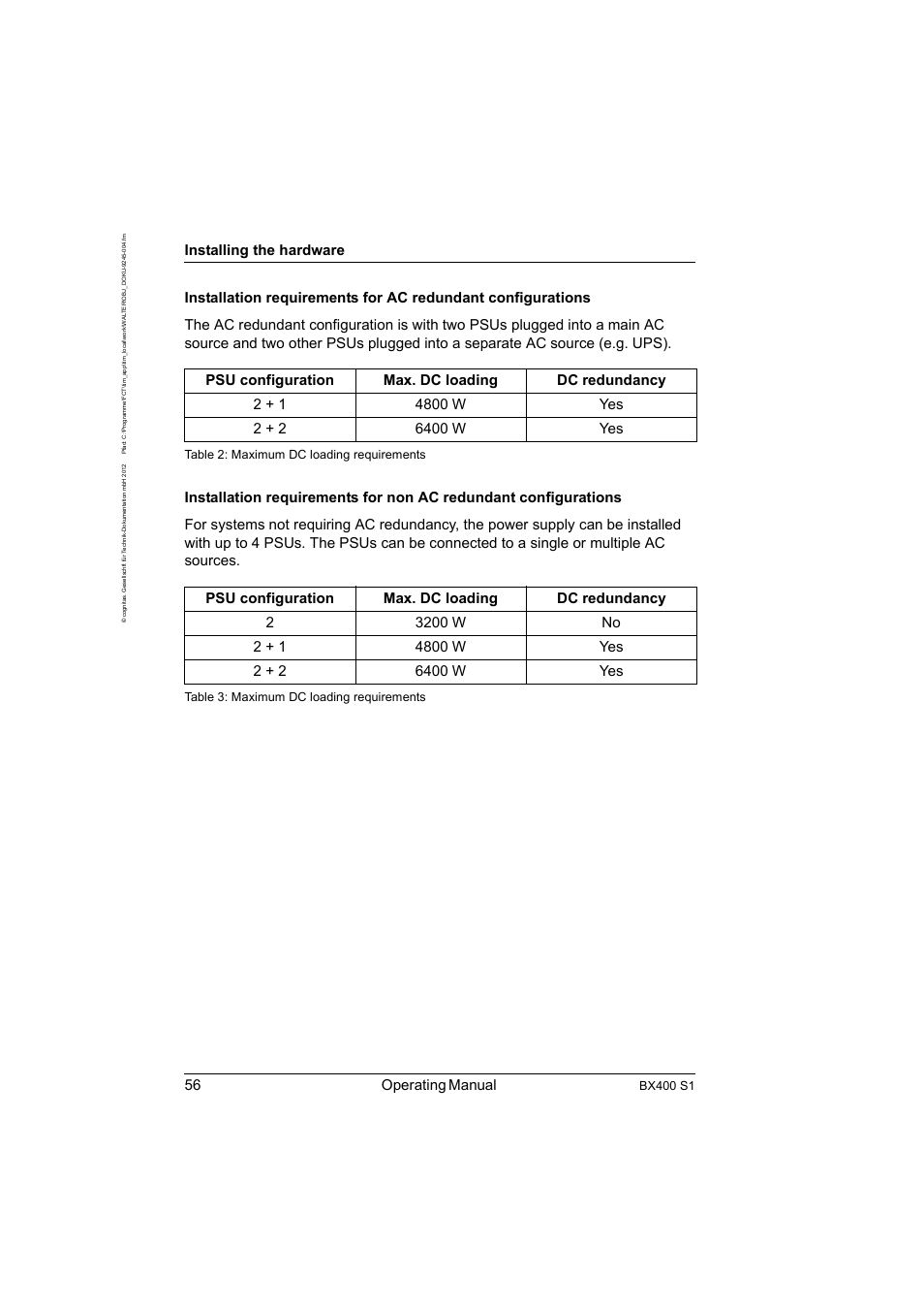 56 operating manual, Installing the hardware, Bx400 s1 | Table 2: maximum dc loading requirements, Table 3: maximum dc loading requirements | FUJITSU PRIMERGY BX400 S1 User Manual | Page 56 / 136