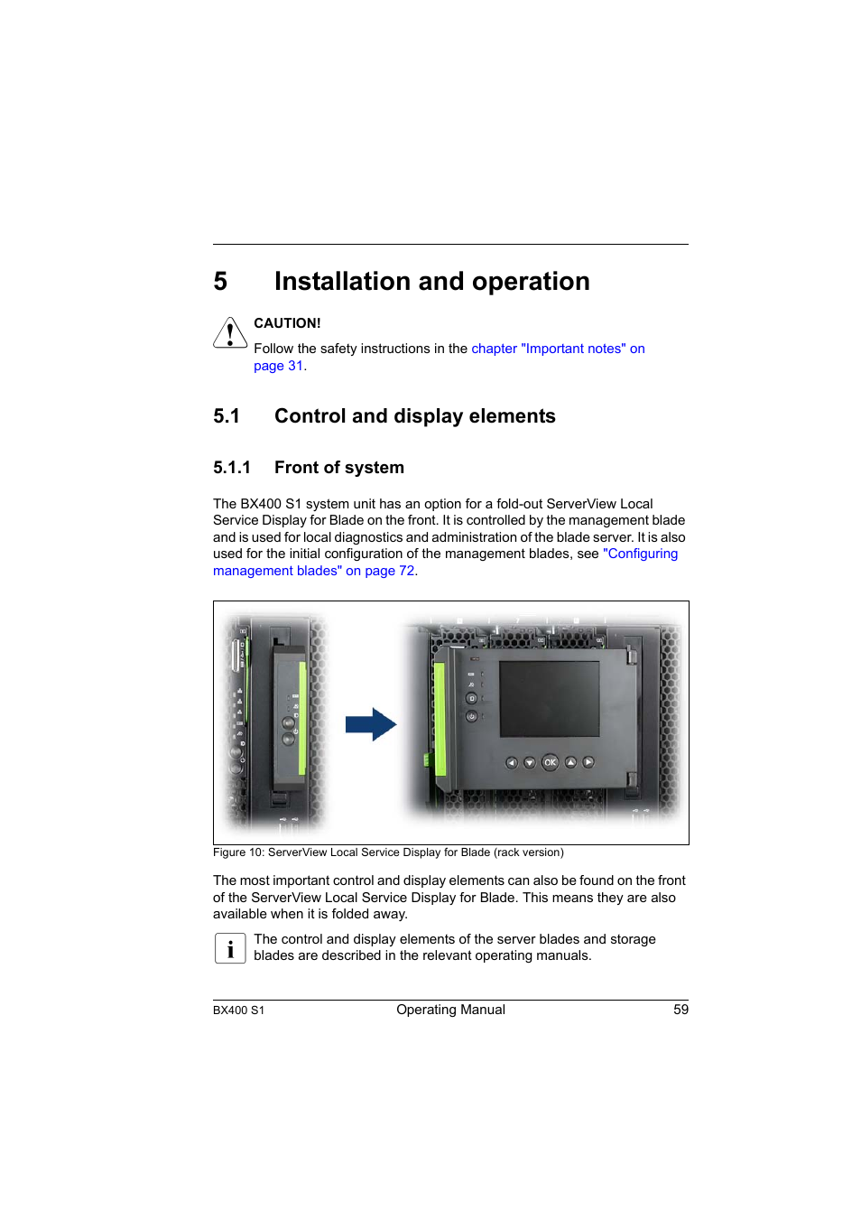 5 installation and operation, 1 control and display elements, 1 front of system | Installation and operation, Control and display elements, Front of system, Hapter, Installation and operation" on, Arting on, 5installation and operation | FUJITSU PRIMERGY BX400 S1 User Manual | Page 59 / 136
