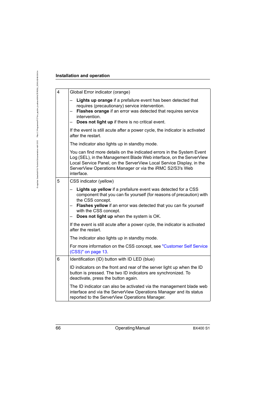 66 operating manual, Installation and operation, Bx400 s1 | FUJITSU PRIMERGY BX400 S1 User Manual | Page 66 / 136