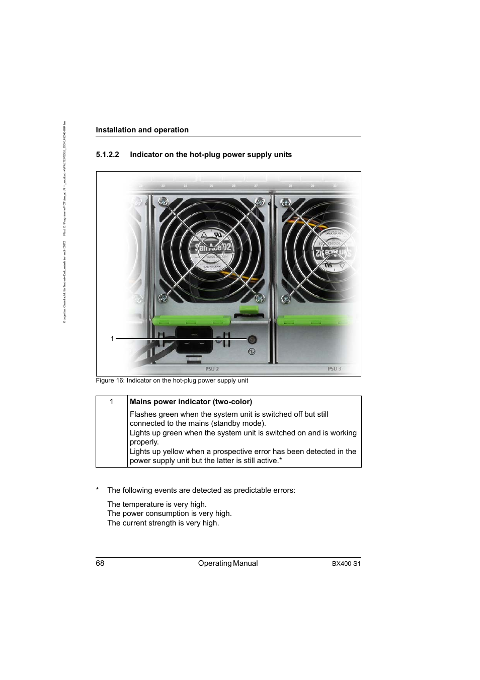 2 indicator on the hot-plug power supply units, Indicator on the hot-plug power supply units, 68 operating manual | Installation and operation, Bx400 s1 | FUJITSU PRIMERGY BX400 S1 User Manual | Page 68 / 136