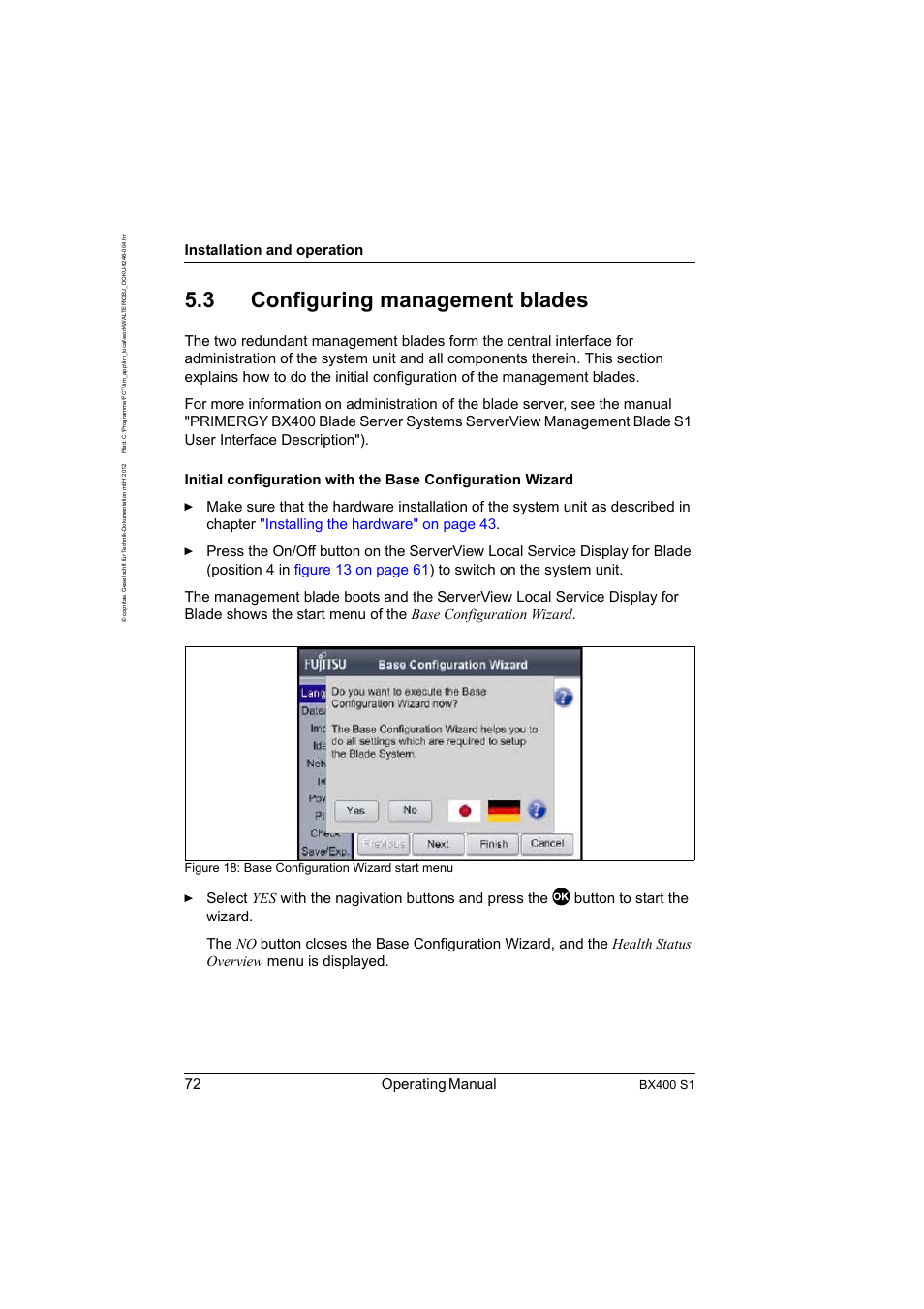 3 configuring management blades, Configuring management blades, Configuring | 72 operating manual, Installation and operation, Bx400 s1, Figure 18: base configuration wizard start menu | FUJITSU PRIMERGY BX400 S1 User Manual | Page 72 / 136