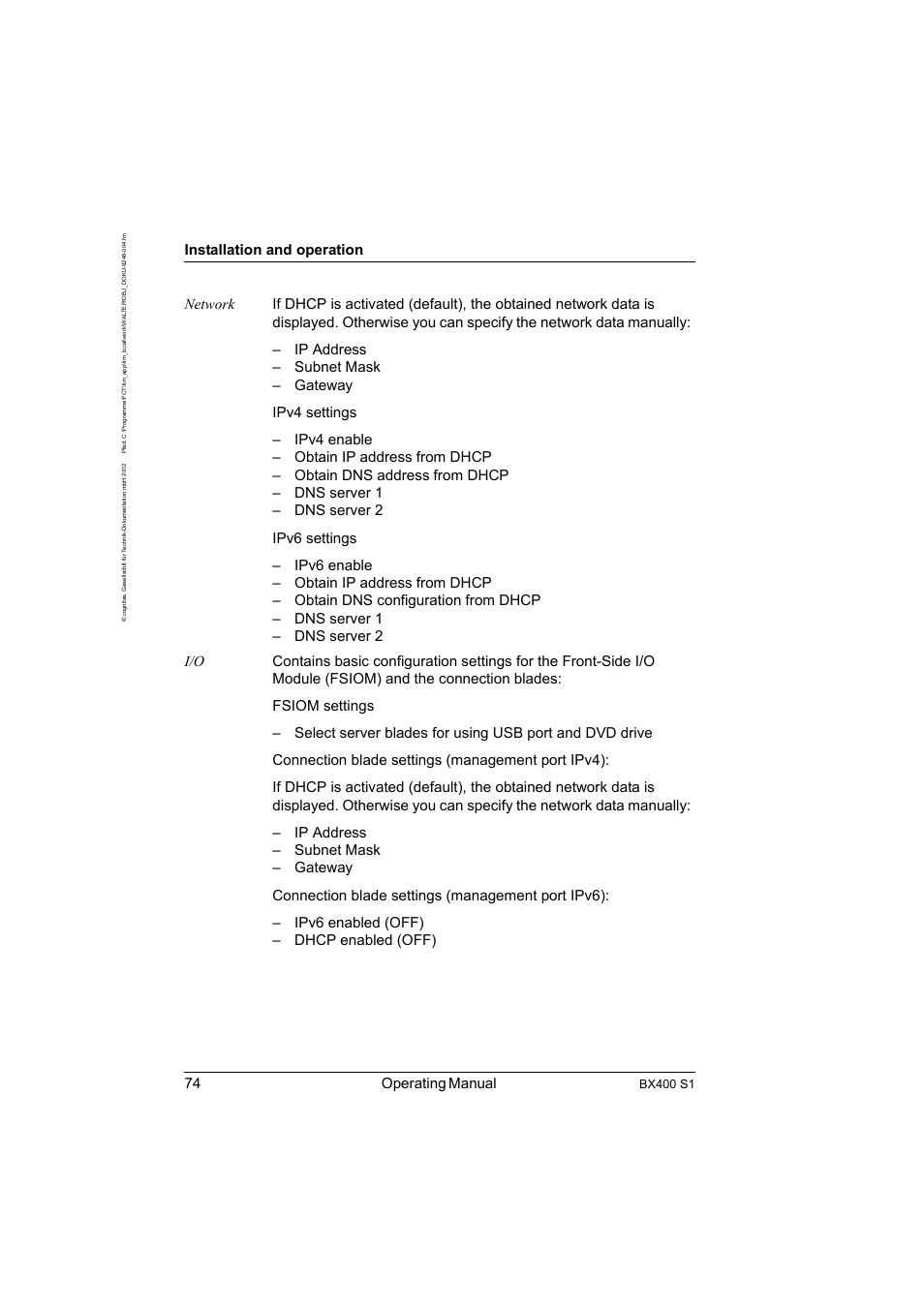 74 operating manual, Installation and operation, Bx400 s1 | FUJITSU PRIMERGY BX400 S1 User Manual | Page 74 / 136