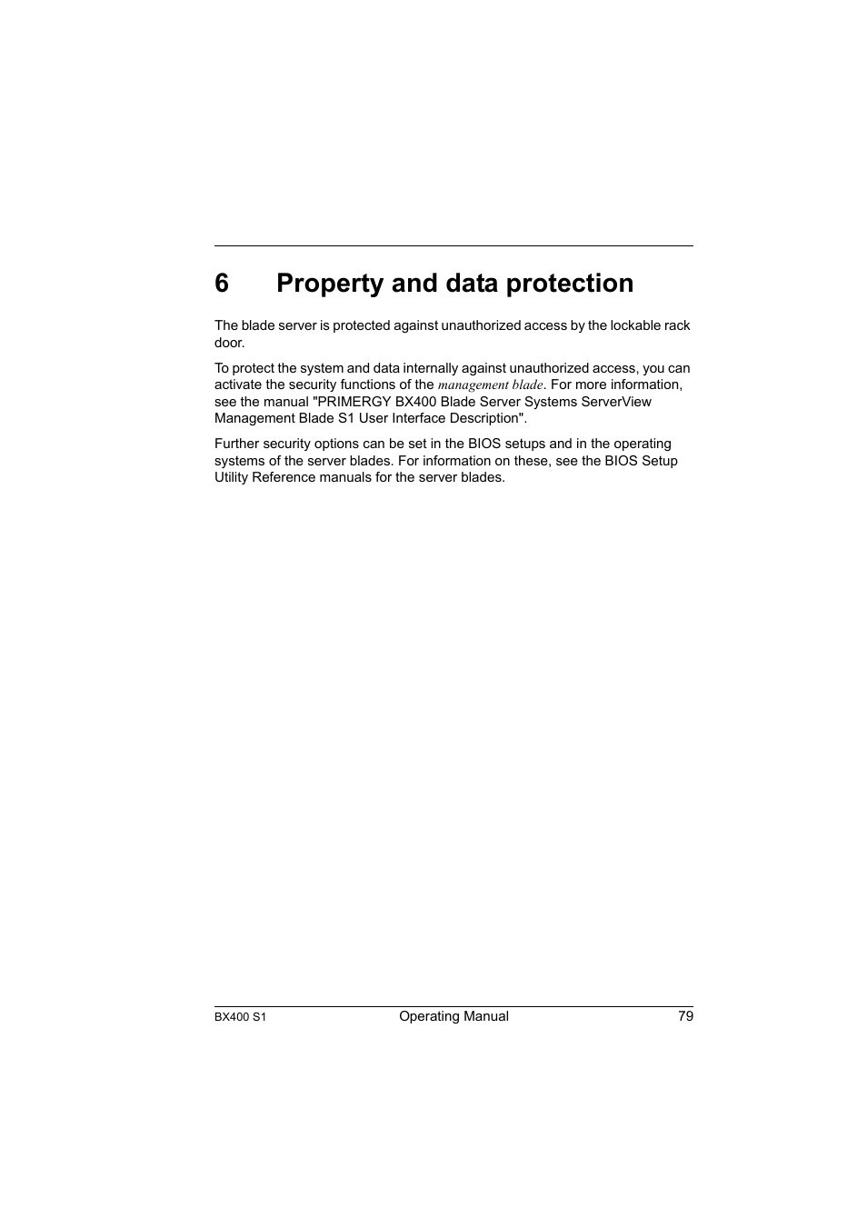 6 property and data protection, Property and data protection, 6property and data protection | FUJITSU PRIMERGY BX400 S1 User Manual | Page 79 / 136