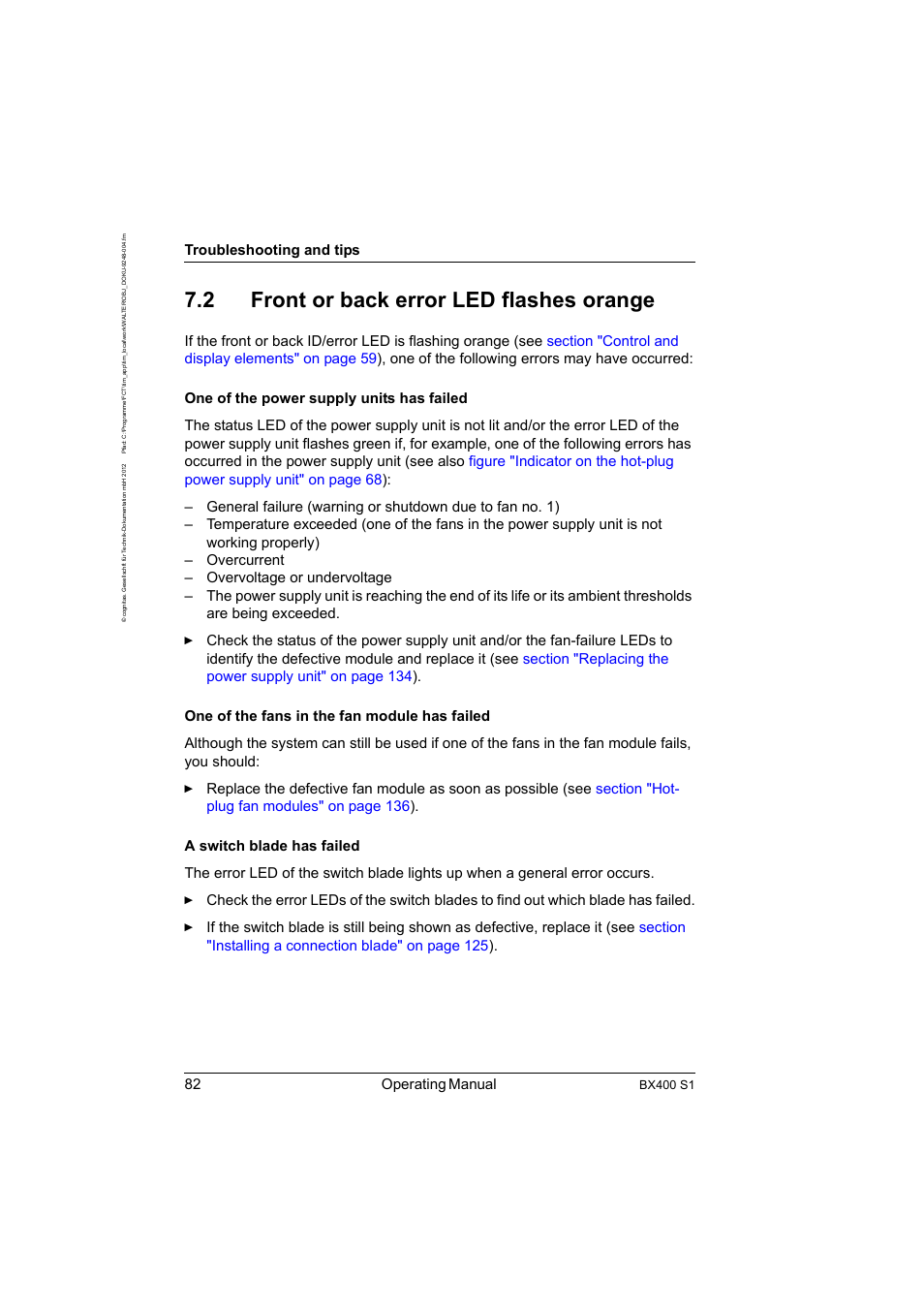 2 front or back error led flashes orange, Front or back error led flashes orange, 82 operating manual | Troubleshooting and tips | FUJITSU PRIMERGY BX400 S1 User Manual | Page 82 / 136