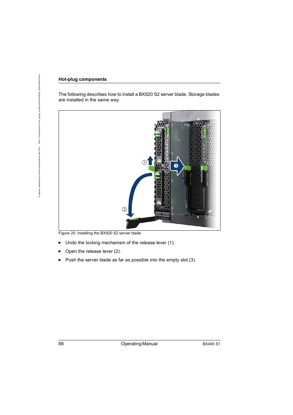 88 operating manual, Hot-plug components, Bx400 s1 | FUJITSU PRIMERGY BX400 S1 User Manual | Page 88 / 136