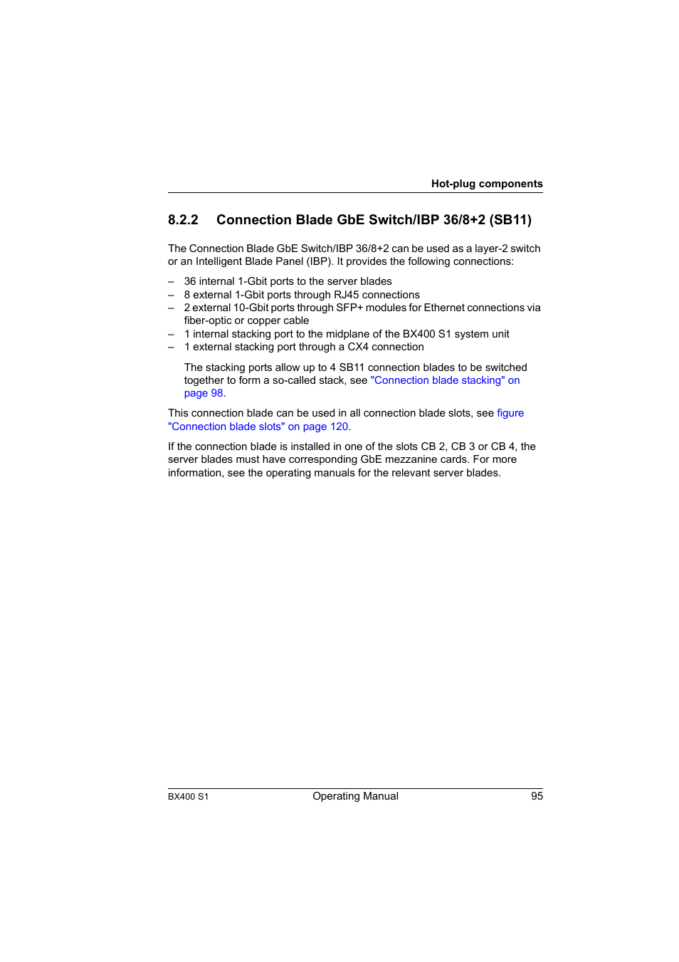 2 connection blade gbe switch/ibp 36/8+2 (sb11), Connection blade gbe switch/ibp 36/8+2 (sb11) | FUJITSU PRIMERGY BX400 S1 User Manual | Page 95 / 136
