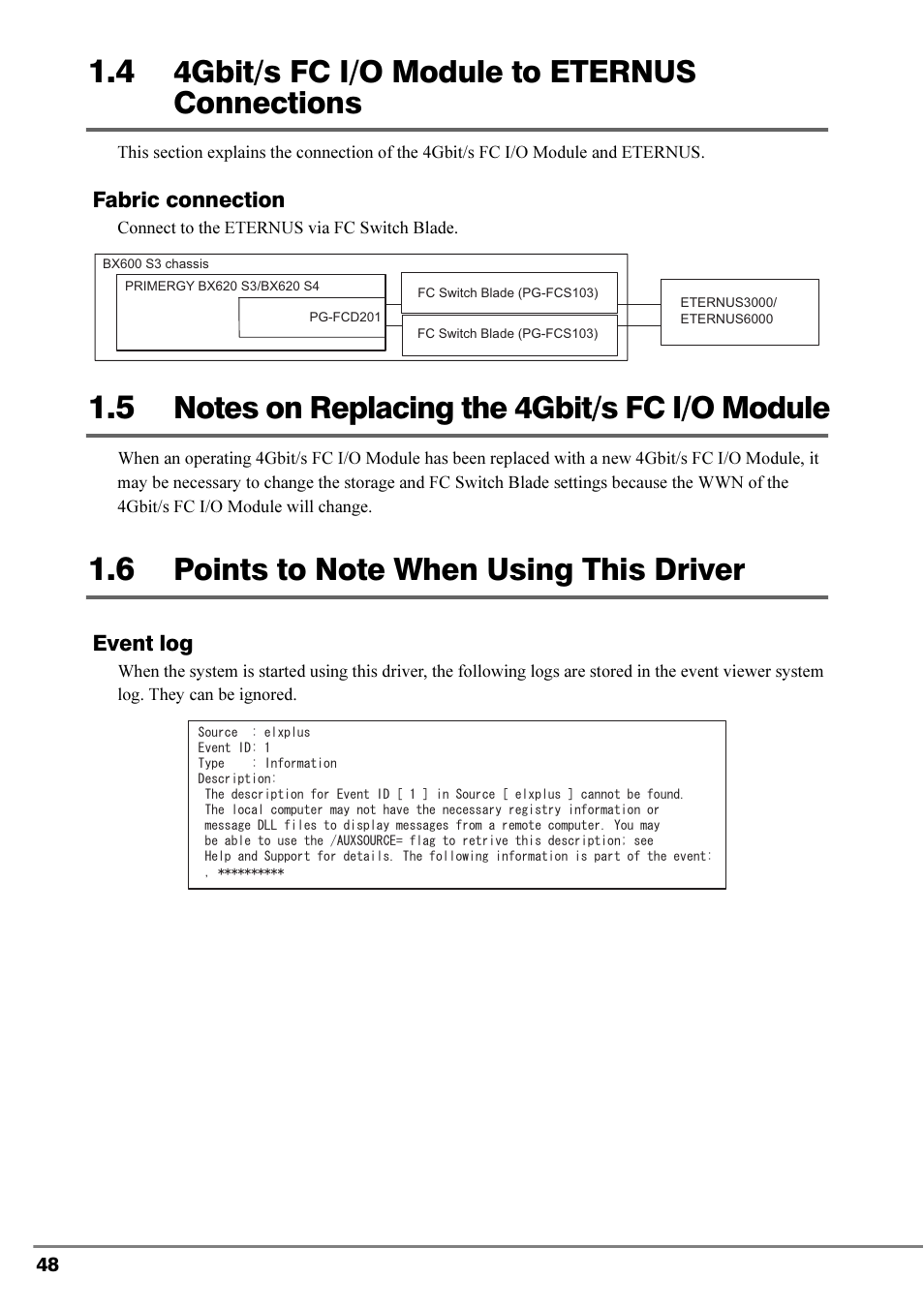 4 4gbit/s fc i/o module to eternus connections, 5 notes on replacing the 4gbit/s fc i/o module, 6 points to note when using this driver | 4gbit/s fc i/o module to eternus connections, Notes on replacing the 4gbit/s fc i/o module, Points to note when using this driver | FUJITSU PRIMERGY 4Gbit/s FC I/O Modules User Manual | Page 10 / 40
