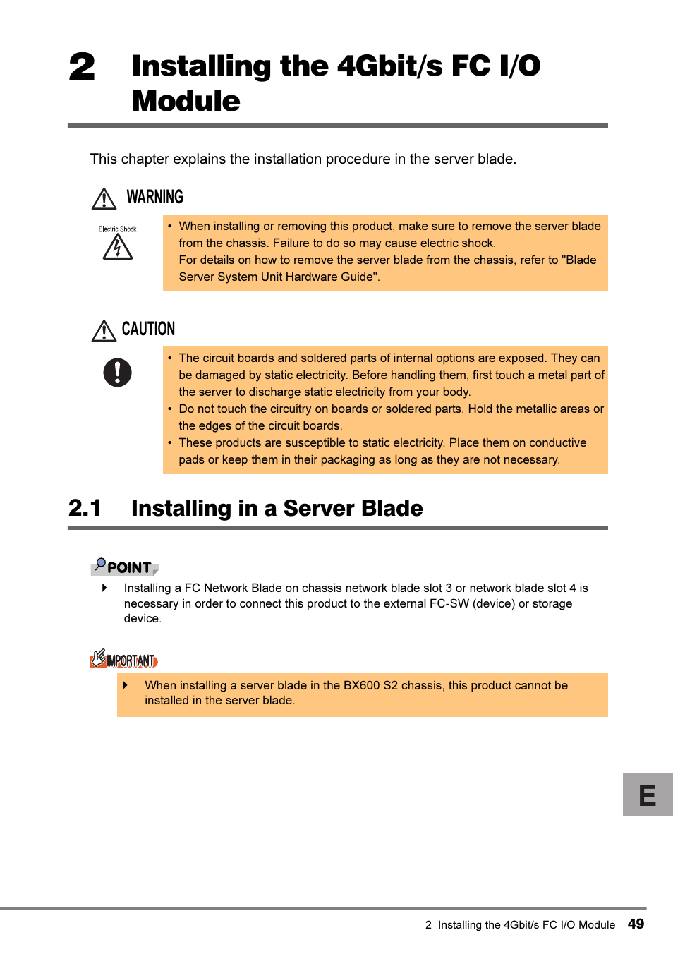 2 installing the 4gbit/s fc i/o module, 1 installing in a server blade, Installing in a server blade | Installing the 4gbit/s fc i/o module, Warning caution | FUJITSU PRIMERGY 4Gbit/s FC I/O Modules User Manual | Page 11 / 40