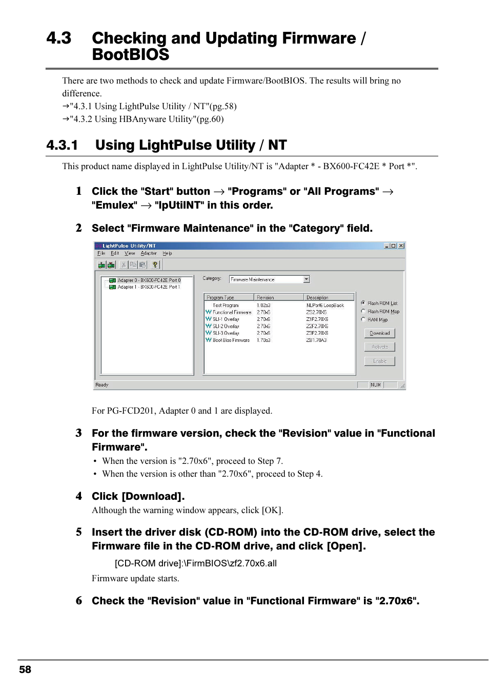 3 checking and updating firmware / bootbios, Checking and updating firmware /bootbios, 3 checking and updating firmware /bootbios | Pg.58), Checking and updating firmware / bootbios, 1 using lightpulse utility / nt | FUJITSU PRIMERGY 4Gbit/s FC I/O Modules User Manual | Page 20 / 40