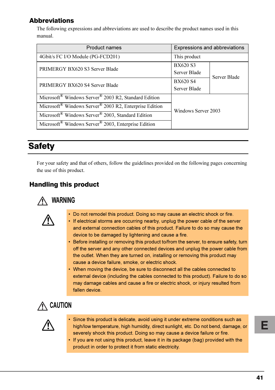 Safety, Warning caution, Abbreviations | Handling this product | FUJITSU PRIMERGY 4Gbit/s FC I/O Modules User Manual | Page 3 / 40