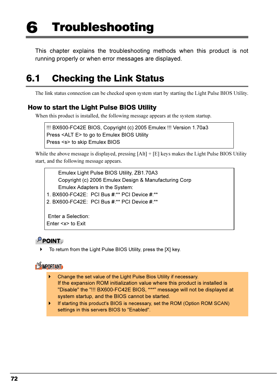 6 troubleshooting, 1 checking the link status, Checking the link status | Troubleshooting | FUJITSU PRIMERGY 4Gbit/s FC I/O Modules User Manual | Page 34 / 40