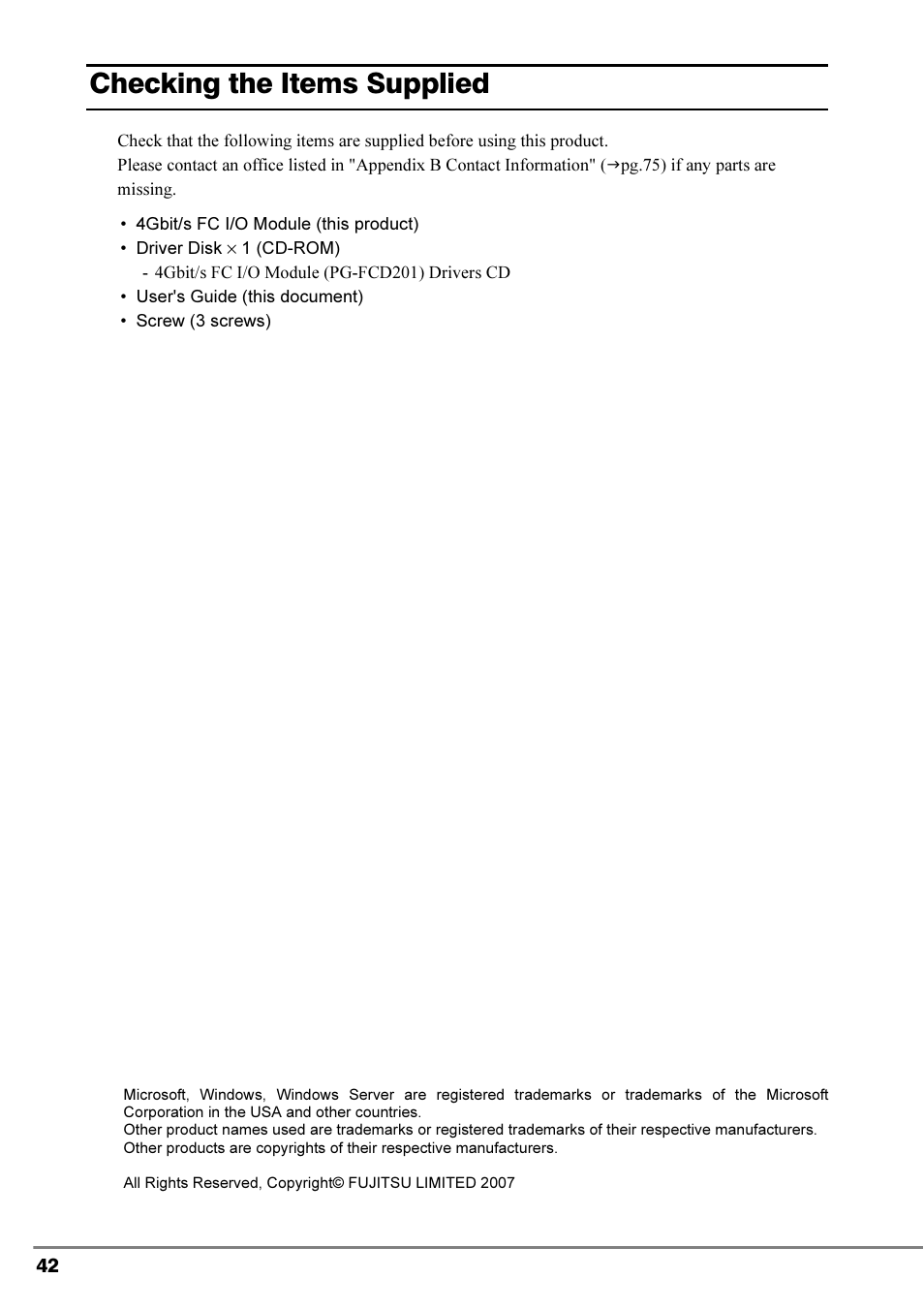 Checking the items supplied | FUJITSU PRIMERGY 4Gbit/s FC I/O Modules User Manual | Page 4 / 40